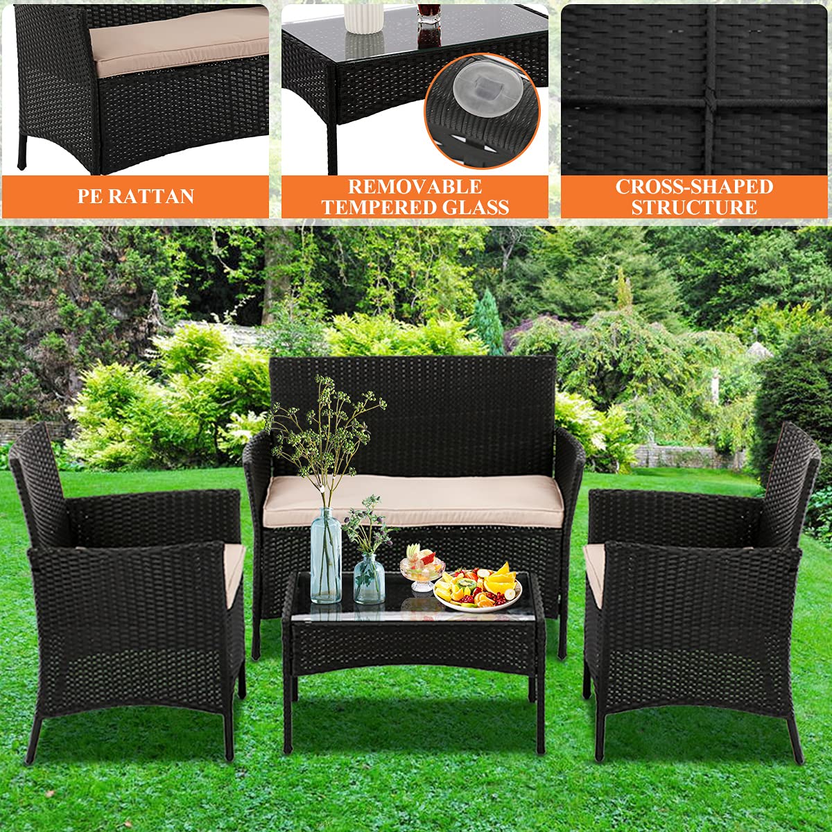 4-Piece Outdoor Patio Furniture Set - Black Wicker Bistro Chairs with Thickened Cushions & Glass Table - Modern Rattan Conversation Set for Backyard, Porch, Poolside, Lawn or Garden - Perfect for Relaxing, Dining & Entertaining Outdoors