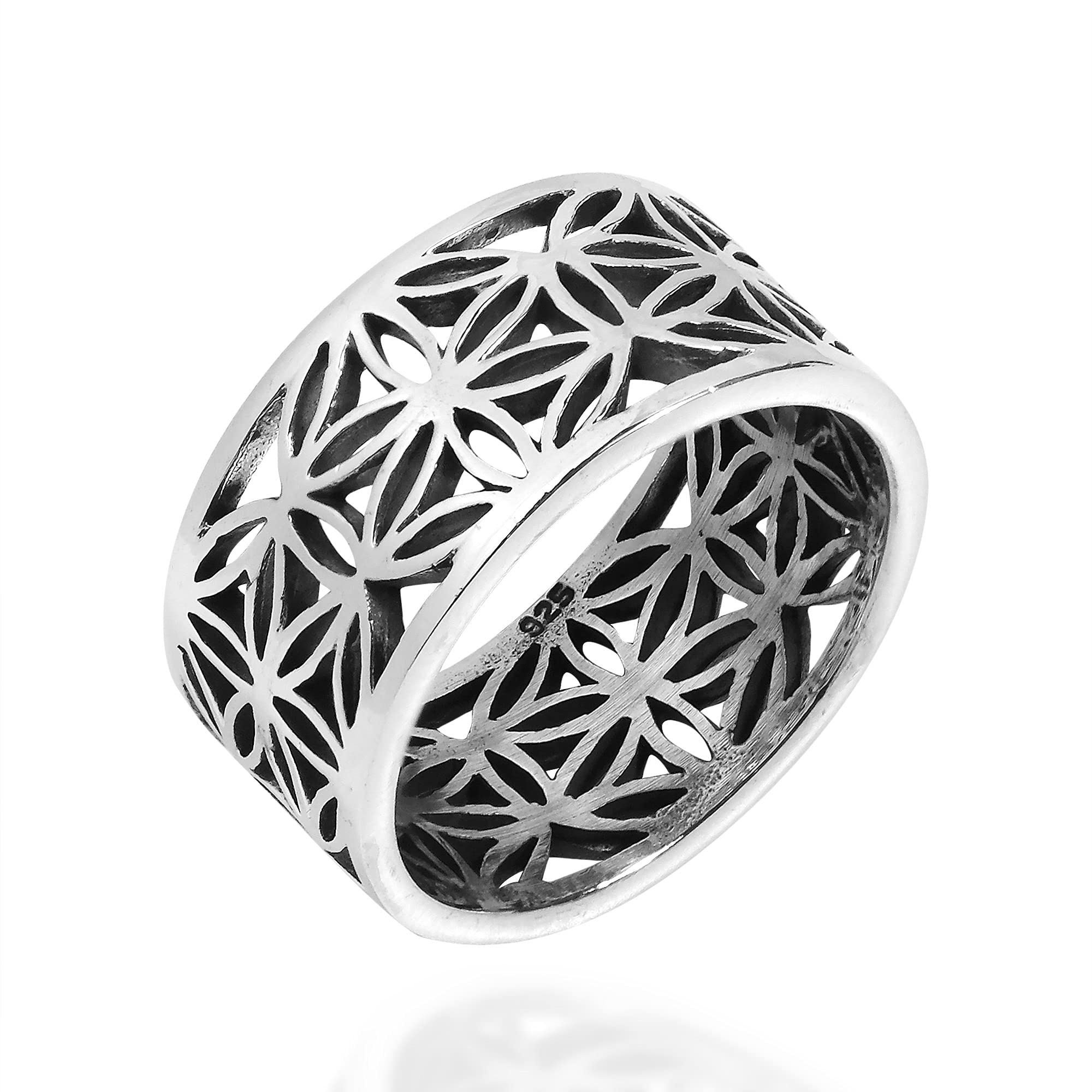 AeraVida Eternity Flower of Life 10mm Wide .925 Sterling Silver Ring for Women | Vintage Comfort Fit Wedding Band | Size 6-9 | Spiritual Jewelry for Meditation, Yoga & Boho Fashion