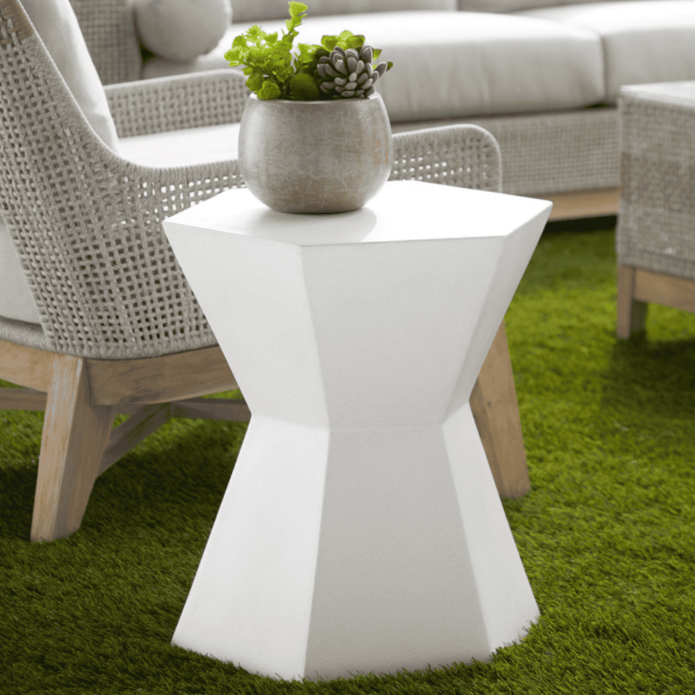 Modern Ivory Concrete Bento Outdoor Accent Table - Durable Patio Side Table for Garden, Poolside & Balcony Decor