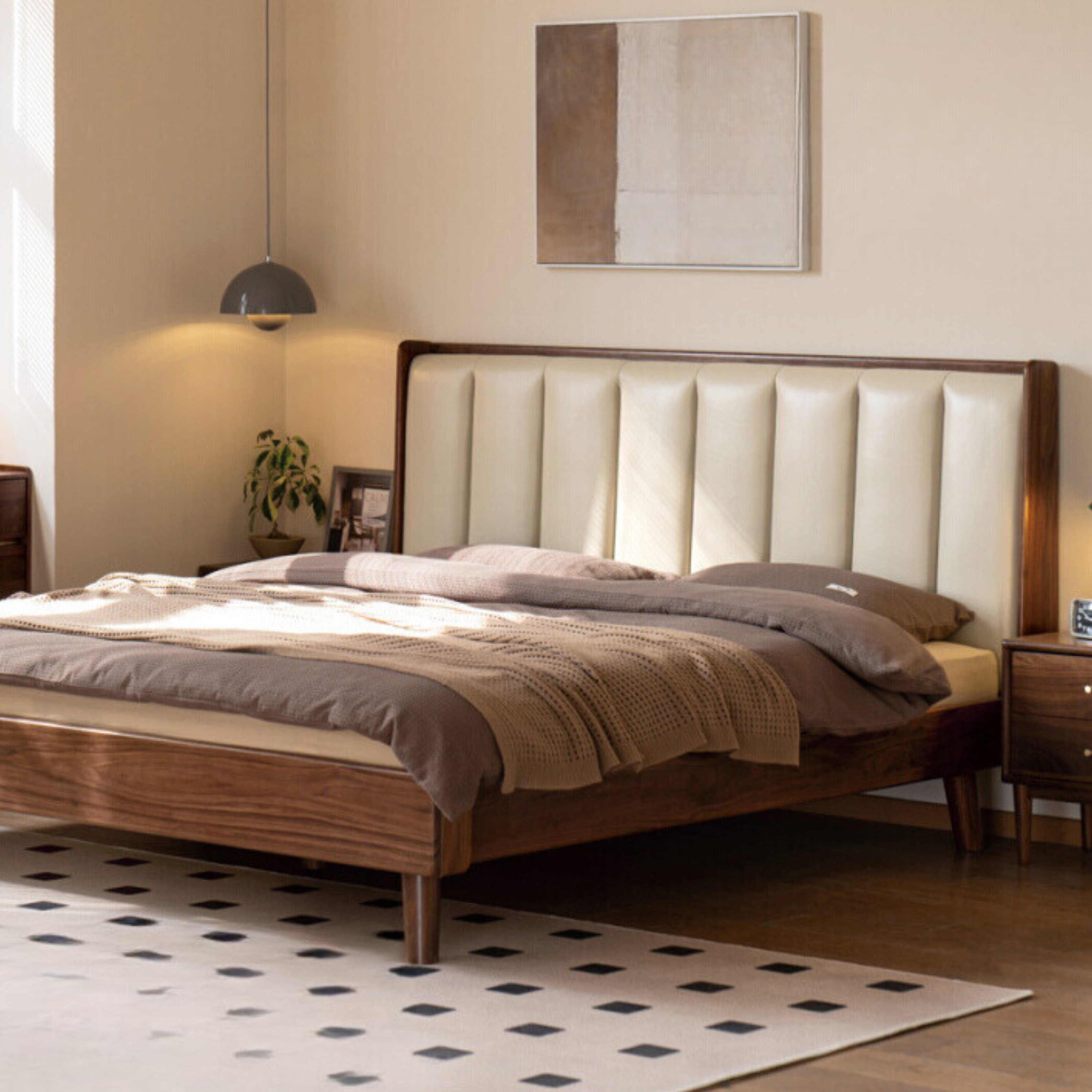 Premium Black Walnut Solid Wood Leather Upholstered Bed Frame with High Soft Back - Modern Bedroom Furniture for Master Suite, Guest Room & Luxury Apartments
