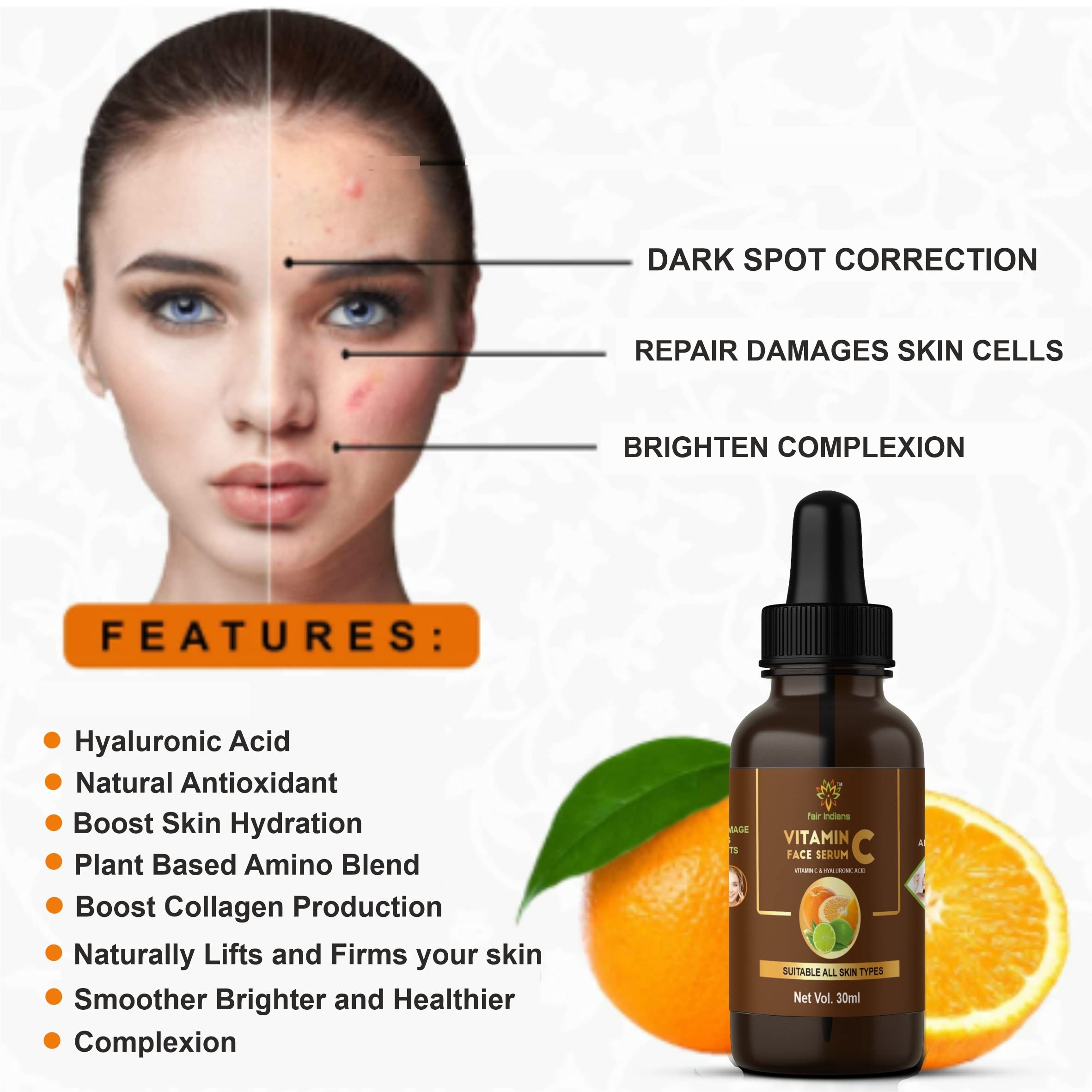 Fair Indian Vitamin C Face Serum with Hyaluronic Acid - Brightening & Hydrating Skincare (60ml) for Glowing Skin | Day & Night Use for All Skin Types