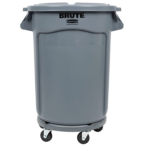 TableTop King Brute 32 Gallon Gray Trash Can with Lid & Dolly Kit - Heavy Duty Commercial Waste Bin for Office, Restaurant & Home Use