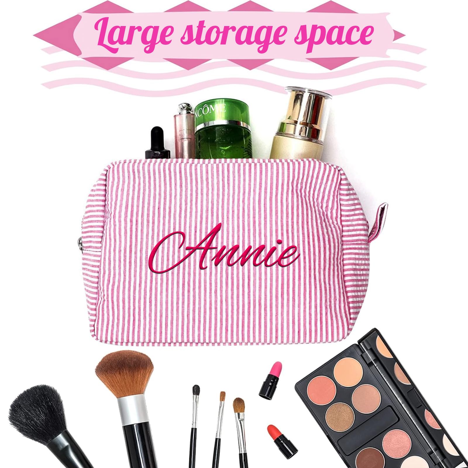 Personalized Monogrammed Seersucker Makeup Bag for Women - Custom Cosmetic Travel Organizer with Names - Large Capacity Toiletry Case for Travel, Wedding, Bridesmaid, Graduation Gifts - Perfect for Vacation, Bachelorette Parties & Everyday Use