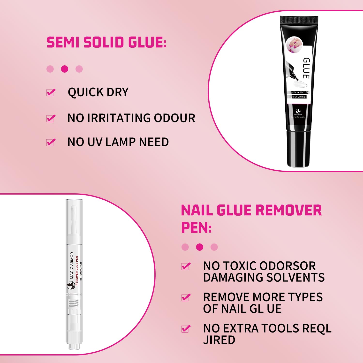 15g Semi-Solid Nail Glue Gel with 5ml Remover Pen - No UV Light Needed, Long-Lasting Press On Nails Super Glue - Easy Click Removal 3-in-1 Nail Glue Remover Kit for Home & Salon Manicures