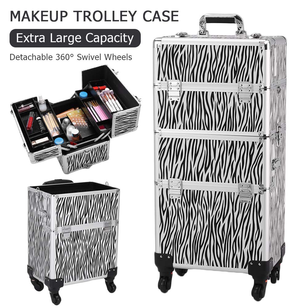 3 in 1 Professional Rolling Train Case - Aluminum Makeup Train Case with 4 Removable Wheels & Lockable Keys | Multifunctional Cosmetic Organizer for Artists, Makeup Professionals & Travel | White Zebra Design
