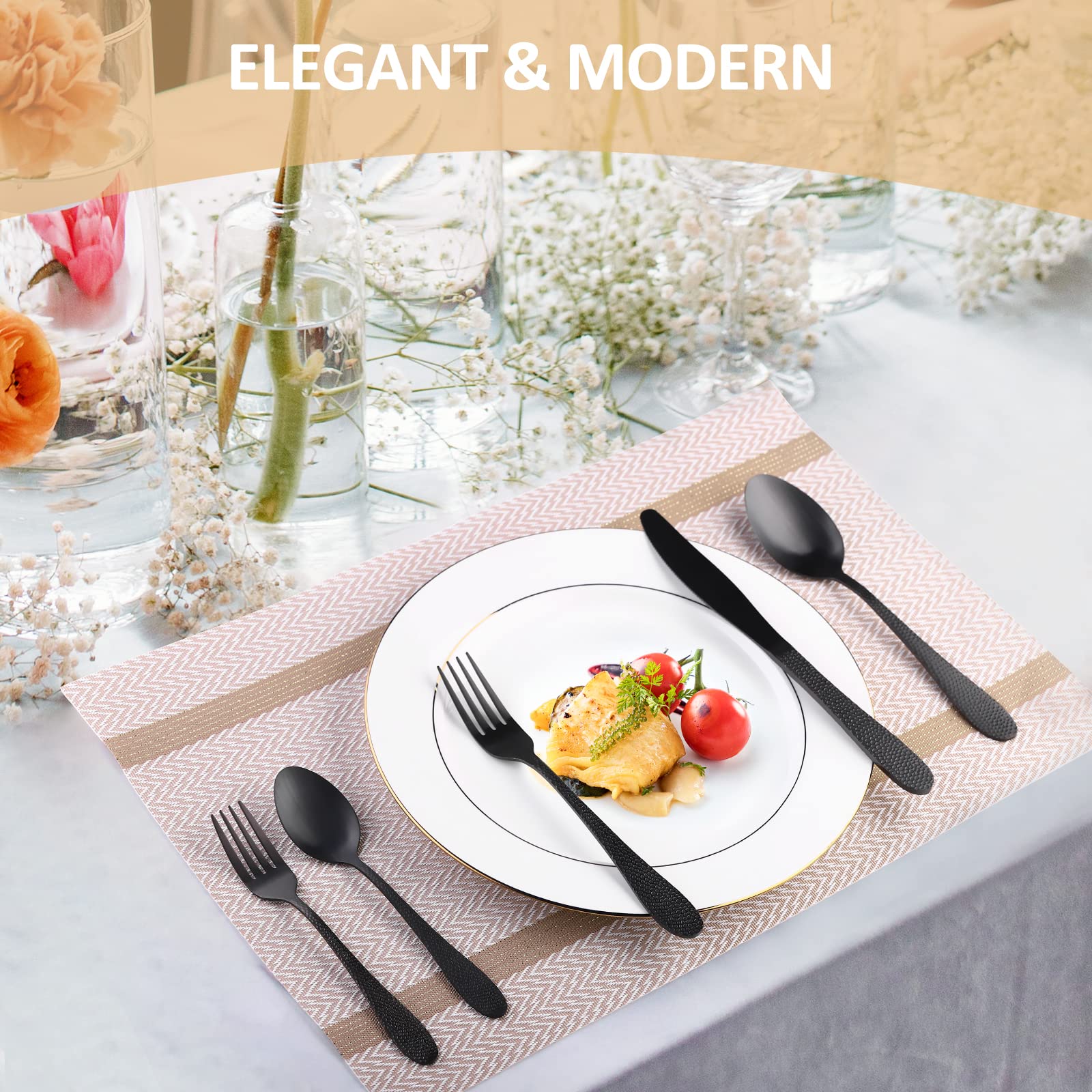Matte Black Hammered Silverware Set for 8 - SANLUNS 40-Piece Modern Flatware Set with Stainless Steel Cutlery (Knives, Forks, Spoons) - Dishwasher Safe Fine Dining Utensils for Restaurants, Weddings & Elegant Dinner Parties
