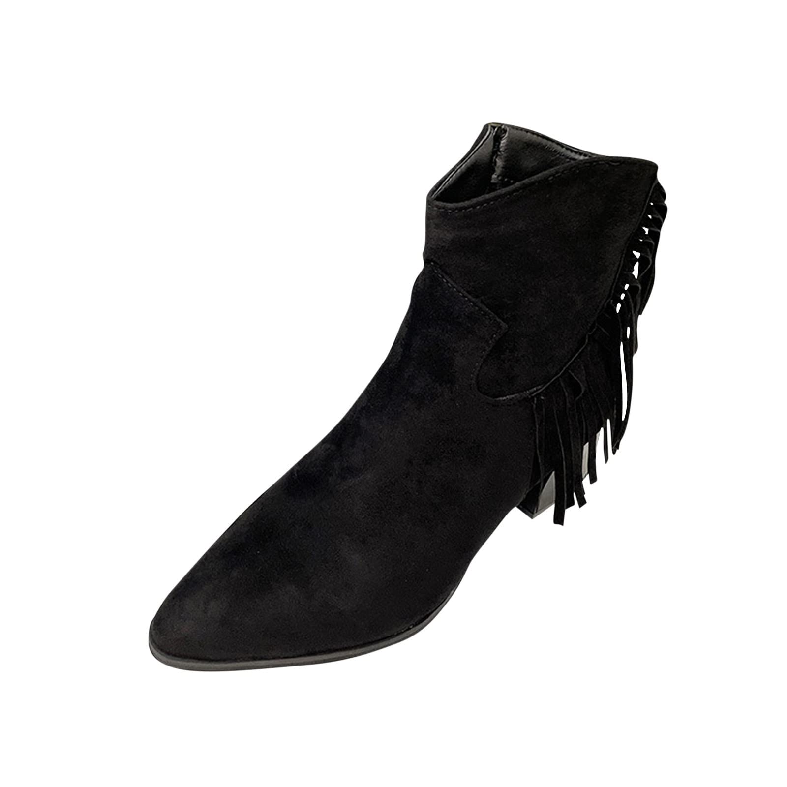 Women's Chunky Ankle Boots with Fringe - Pointed Toe Side Zipper Mid Heel Suede Booties for Winter | Comfortable Casual Shoes for Work, Date Night & Everyday Wear
