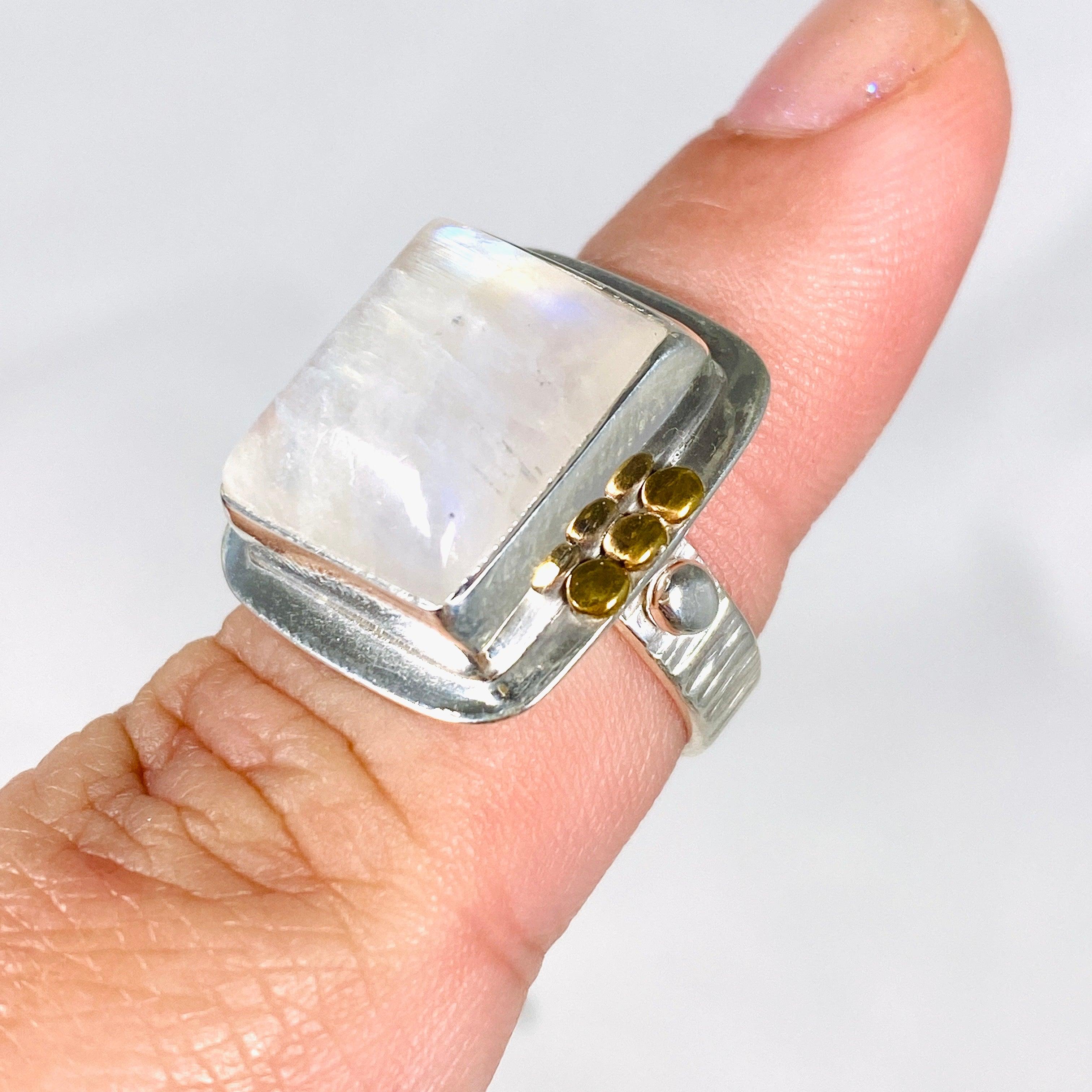 Moonstone Square Ring with Brass Detailing - Size 7 Sterling Silver Jewelry for Women, Elegant Boho Chic Accessory | Perfect for Weddings, Date Nights & Special Occasions