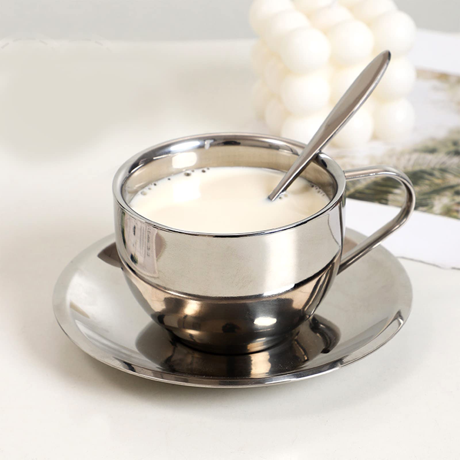 Okllen 4 Pack Stainless Steel Coffee Cup Set - 6 Oz Double Walled Espresso Mugs with Spoon & Saucer for Coffee, Latte, Tea, Milk - Perfect for Home, Office & Outdoor Use