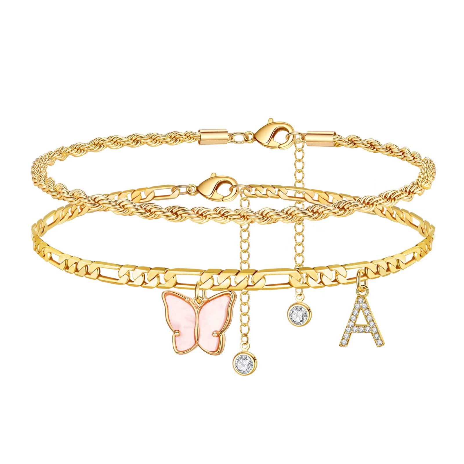 14K Gold Plated Butterfly Ankle Bracelet for Women - Initial Letter A-Z Layered Anklet, Dainty Foot Jewelry Gift for Teen Girls - Perfect for Beach, Summer & Casual Outfits