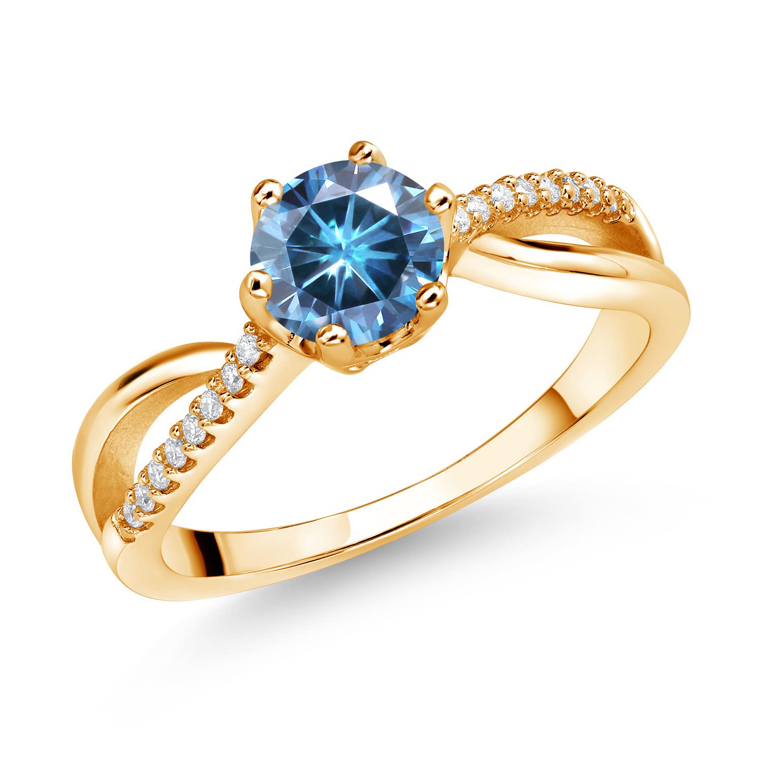 18K Yellow Gold Plated Silver Ring with Round Persian Blue Moissanite & Moissanite (0.88 CTTW) - Elegant Jewelry for Women, Perfect for Engagement, Wedding, Anniversary & Special Occasions
