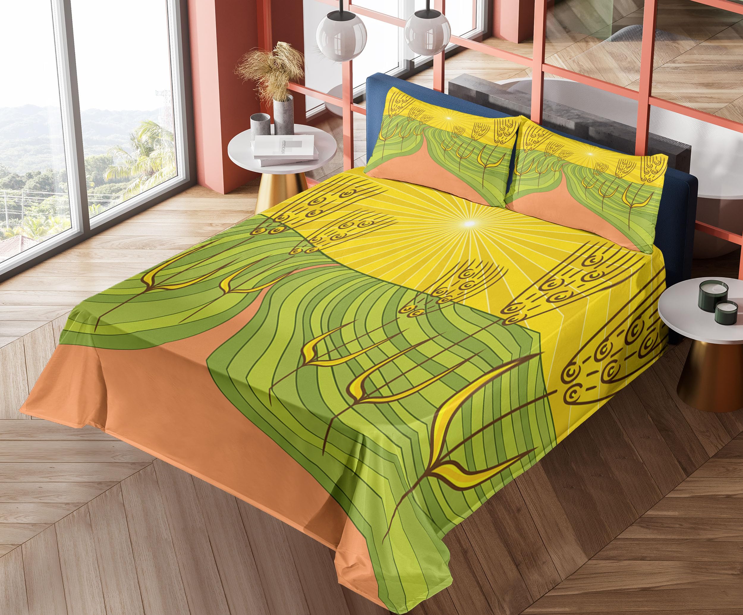 Ambesonne County Farmhouse Sheet Set - 4 Piece King Size Bedding with Agriculture Themed Farmland Design, Starburst Lines & Wheat Motifs in Burnt Sienna Yellow - Perfect for Rustic Bedrooms, Farmhouse Decor & Cozy Countryside Retreats