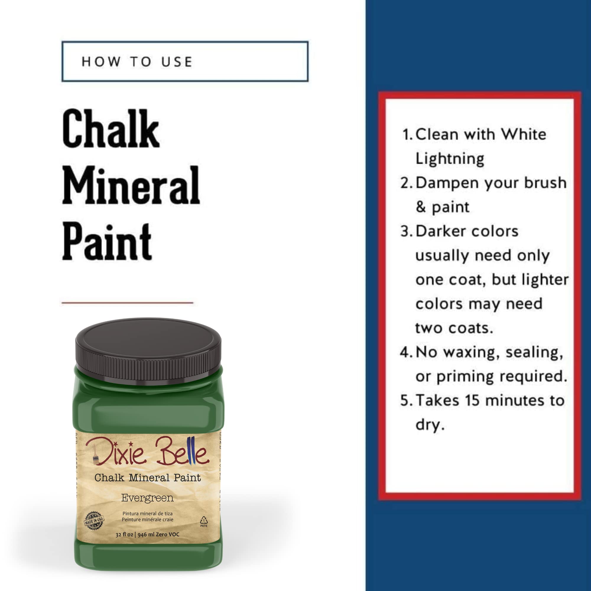 Dixie Belle Chalk Mineral Paint - Matte Bold Green Evergreen (32oz) | DIY Furniture Paint for Tables, Chairs & Cabinets | Eco-Friendly, Non-Toxic Chalk Finish Paint for Home Decor & Upcycling Projects