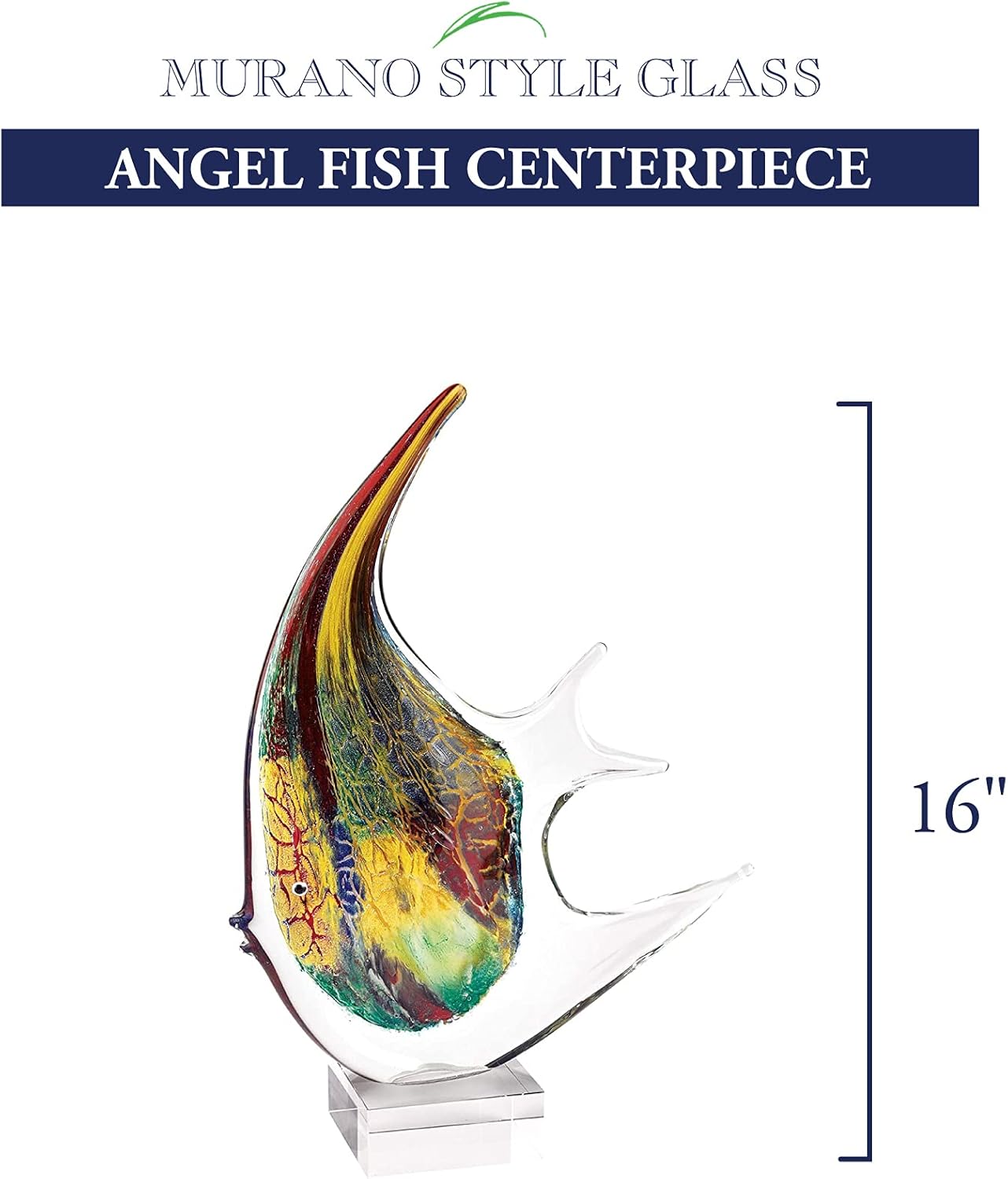 Badash Murano Style Artistic Glass Giant Firestorm Angelfish Sculpture - 16 Inch Handcrafted Home Decor for Living Room, Office & Gift