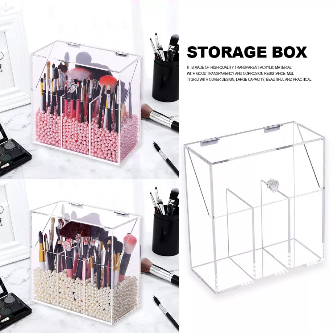 Clear Acrylic Makeup Brush Organizer with Lid - 3 Compartment Cosmetic Brush Storage Box | Perfect for Vanity, Bathroom & Travel Organization | Makeup Brush Holder for Professional & Home Use
