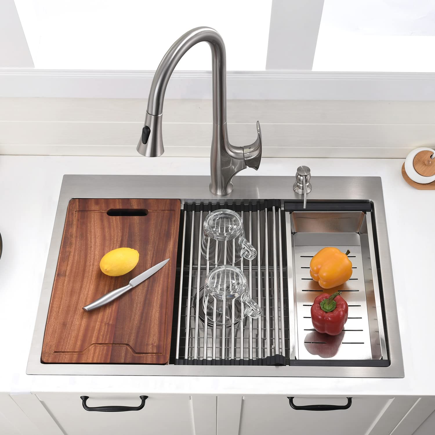 **VOKIM 30 x 18 Inch Drop-In Stainless Steel Kitchen Sink Workstation - 16 Gauge, 10