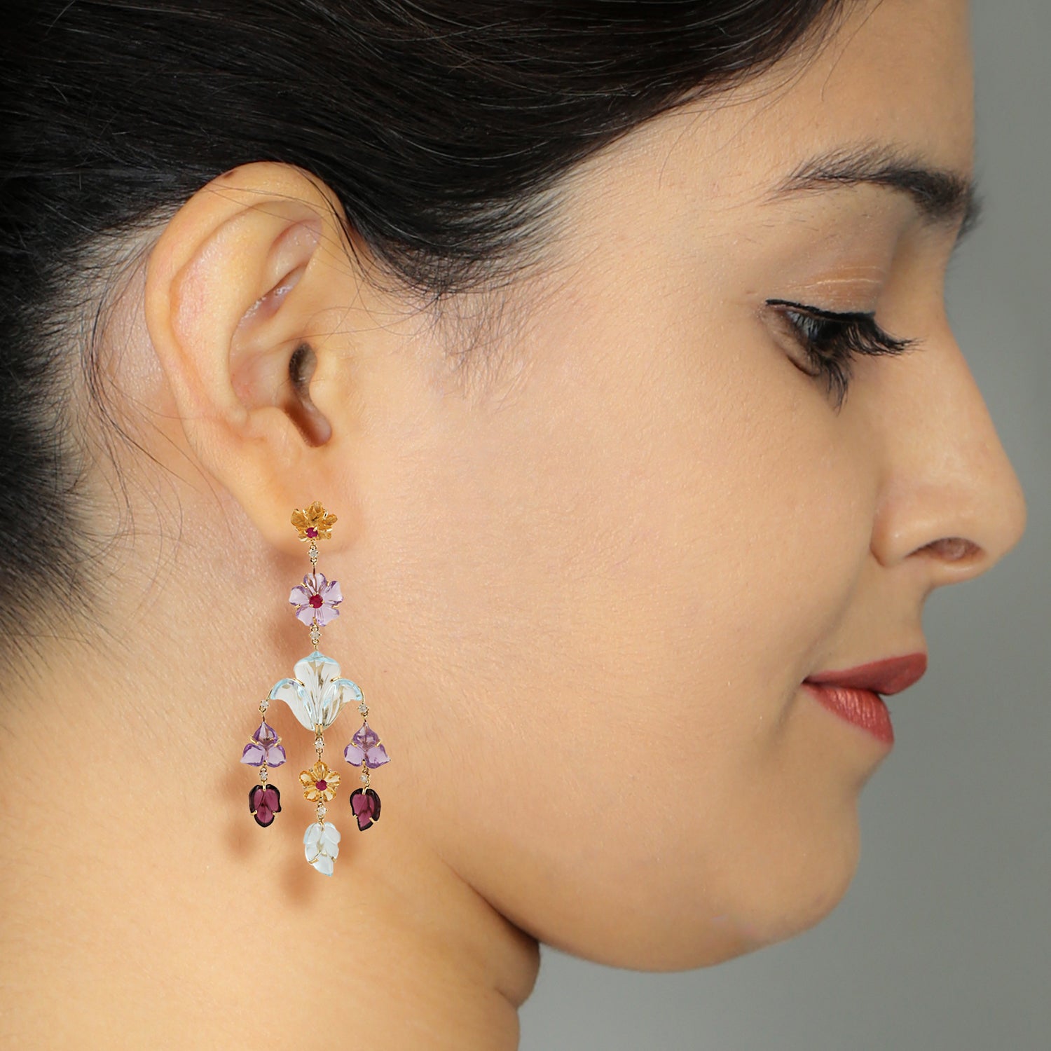 Exquisite 18K Yellow Gold Handcarved Flower Chandelier Earrings with Natural Ruby & Diamond Accents | Luxury Multi-Gemstone Jewelry for Weddings, Parties & Special Occasions