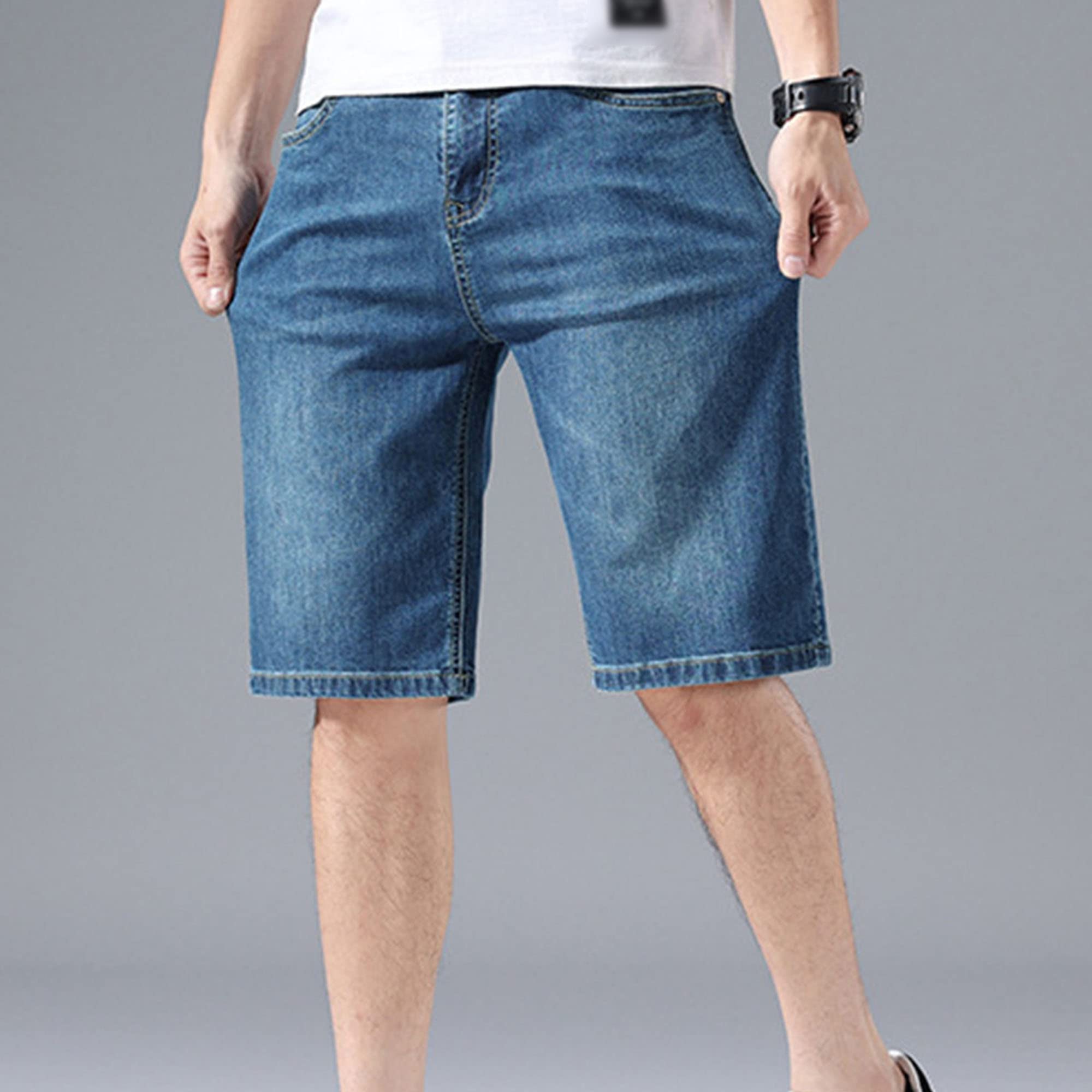 Men's Stretch Cotton Denim Shorts - Knee Length Straight Fit Casual Jean Shorts with Pockets | Perfect for Summer, Beach, and Outdoor Activities