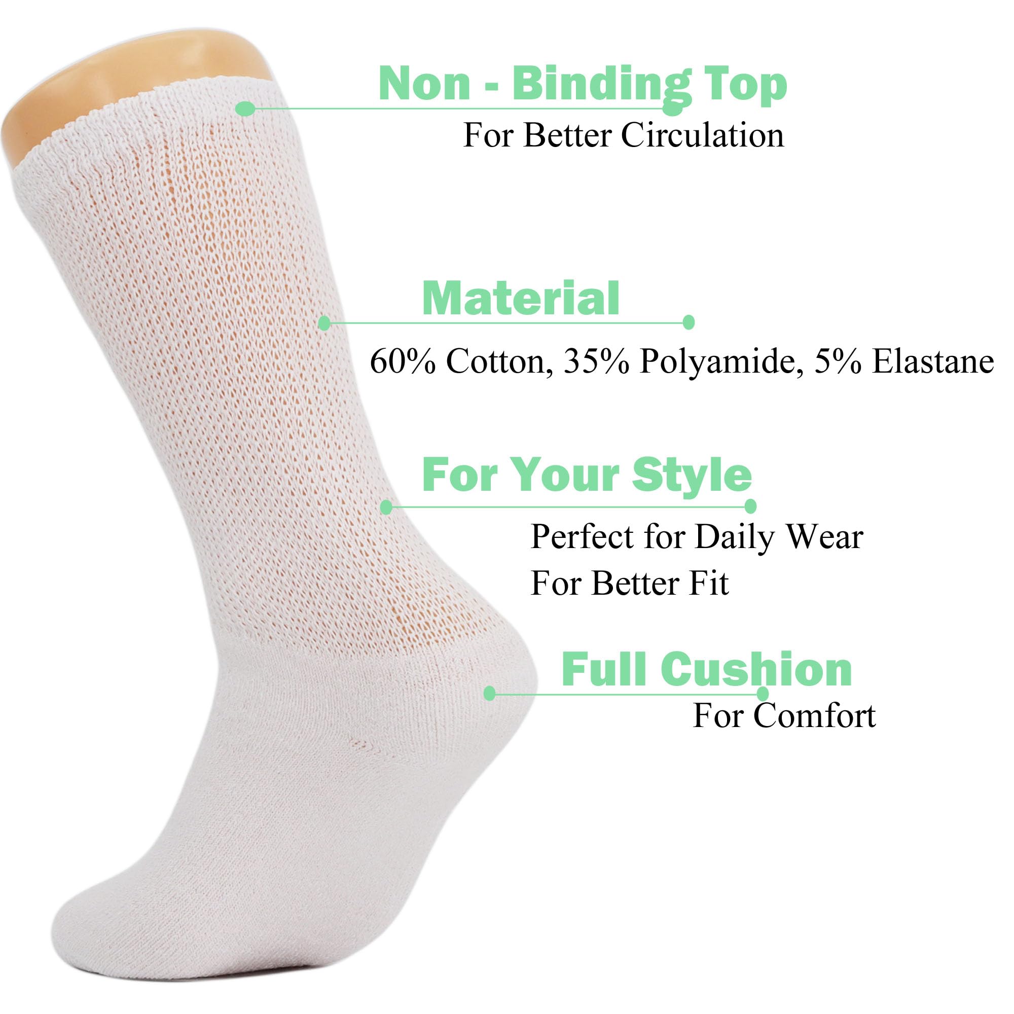 American Made White Diabetic Crew Socks for Men - Loose Fit Non-Binding Top Comfort Socks (6 Pairs) - Ideal for Diabetes Care, Daily Wear & Sensitive Feet