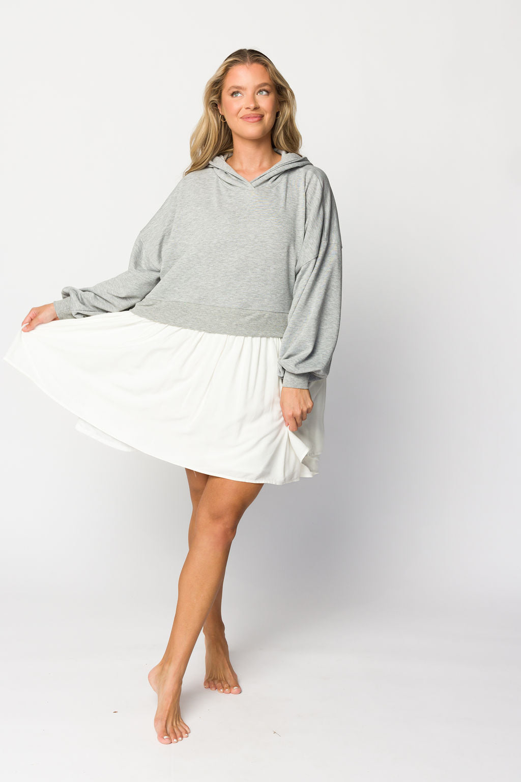 Caroline Hoodie and Babydoll Mini Dress - Heather Grey & Off White | Women's Casual Loungewear & Streetwear Outfit for Everyday Wear
