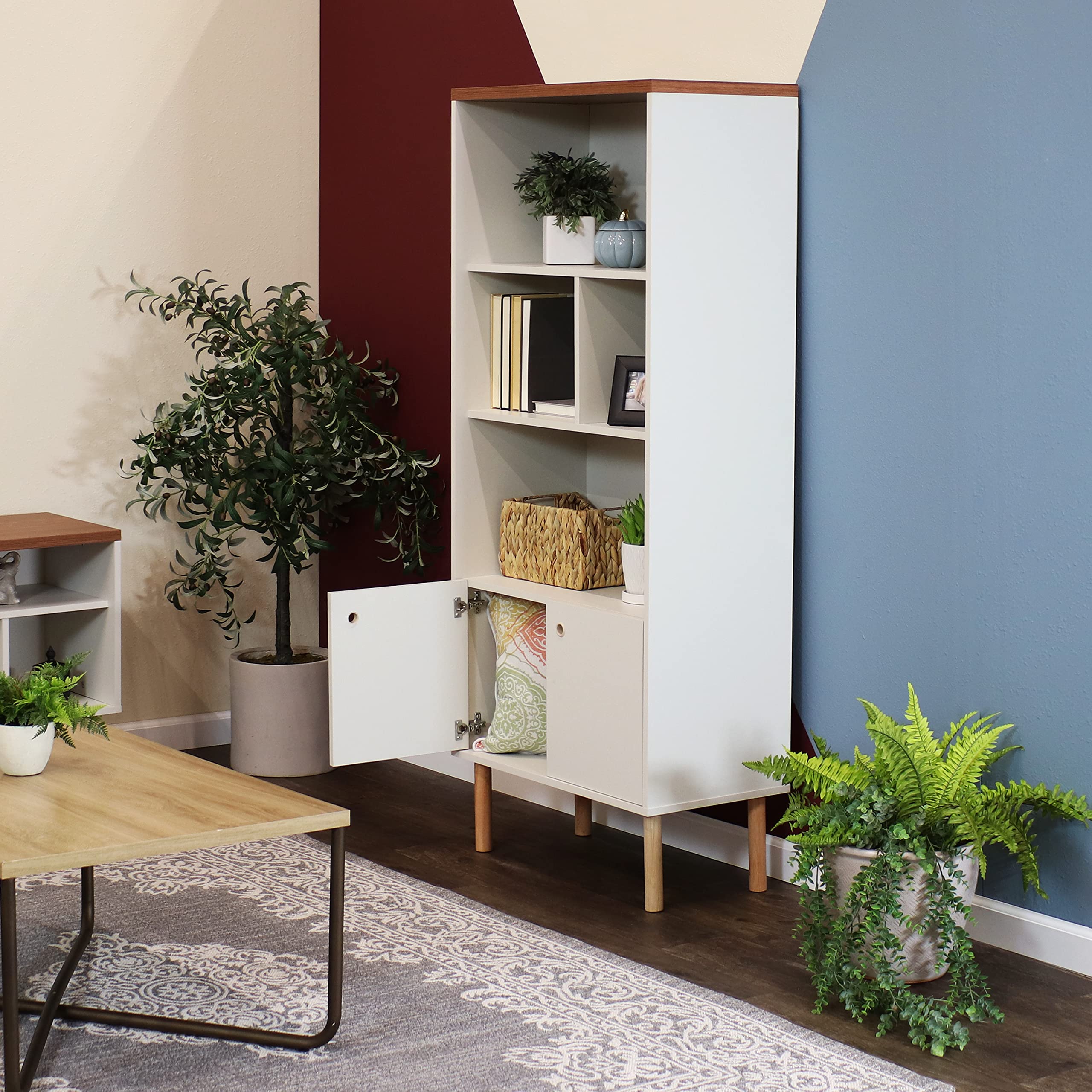 Mid-Century Modern 5-Shelf Bookcase with Storage Cabinet - Stylish Latte Wooden Bookshelf for Living Room, Bedroom, Office & Dining Room - Perfect for Home Decor, Book Storage & Displaying Decorative Items