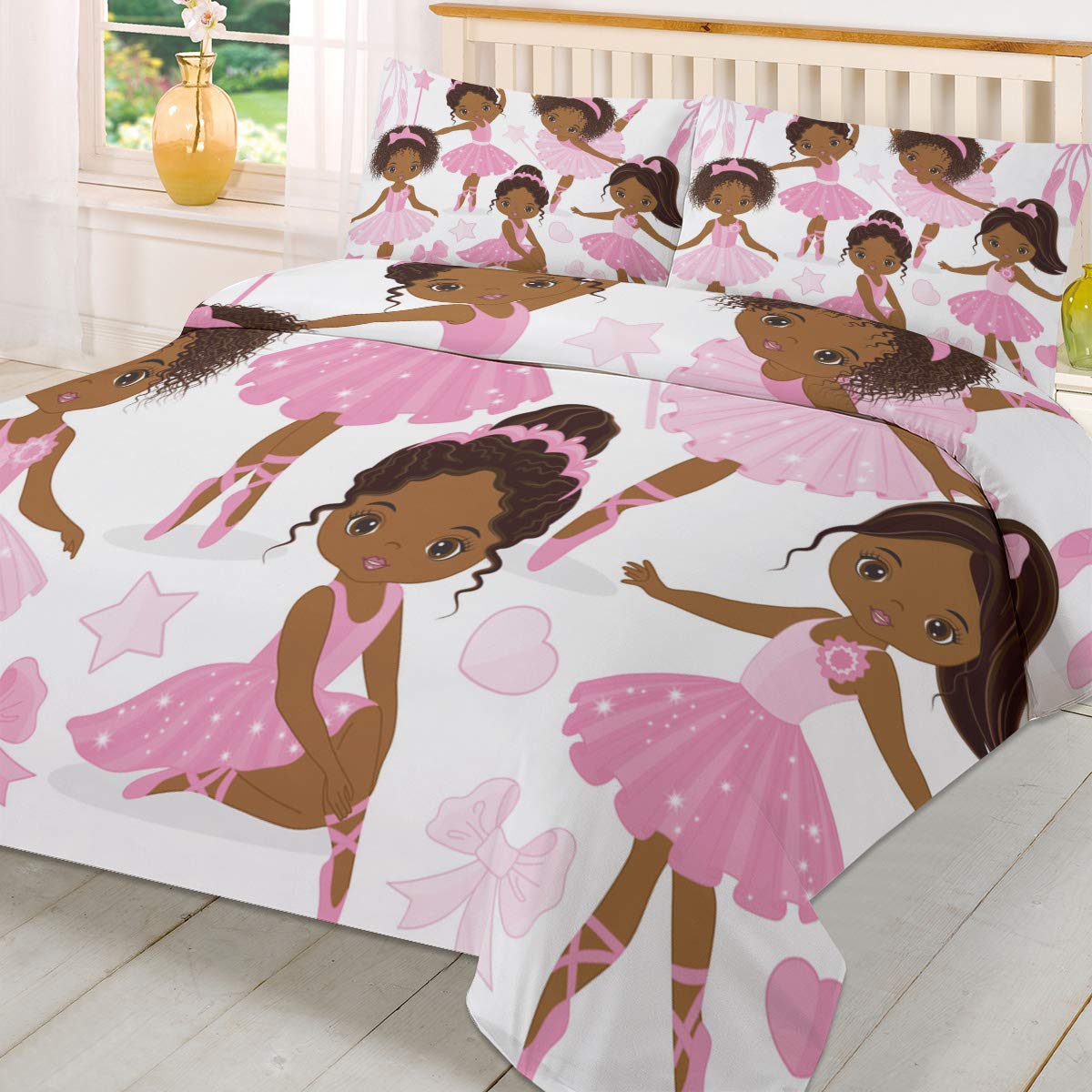 3-Piece Twin Ballet Duvet Cover Set for Girls - Pink Ballerina Dancer & Gymnastics Pattern Bedding with 1 Comforter & 2 Pillowcases - Perfect for Kids' Bedrooms, Dance Studio Dorms & Ballet Themed Decor