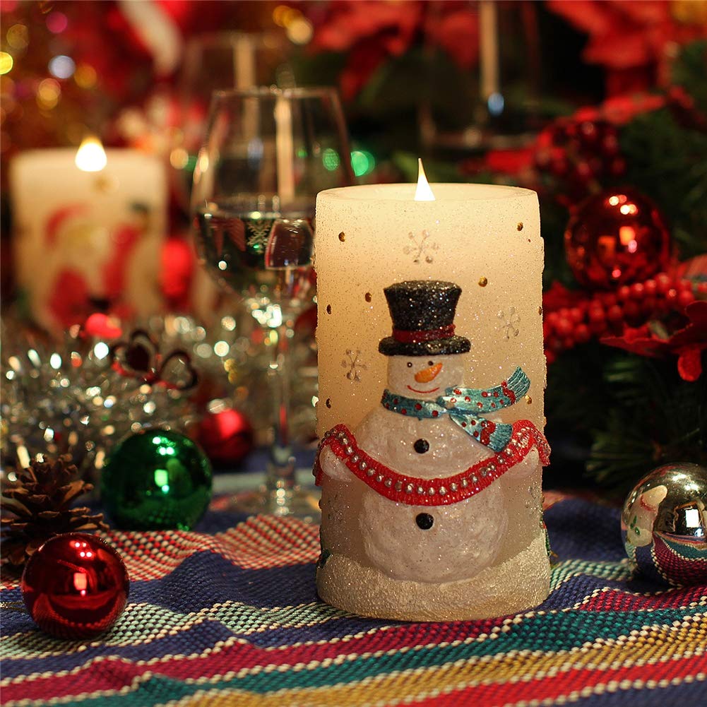 HOAPL Flameless LED Candles with Real Wax - Battery Operated Flickering Pillar Candles for Christmas Decor, Warm White Light - Perfect for Holiday Home Decor, Gift Giving, and Creating Cozy Winter Atmosphere (Snowman, Santa, Deer Designs)