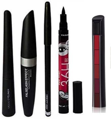 VELORA Premium Long Lasting Waterproof Mascara & Eyeliner Set with Eyebrow Pencil & 5-in-1 Color Lipstick Combo (5-Piece Makeup Kit) - Perfect for Everyday Wear, Date Night, and Special Occasions