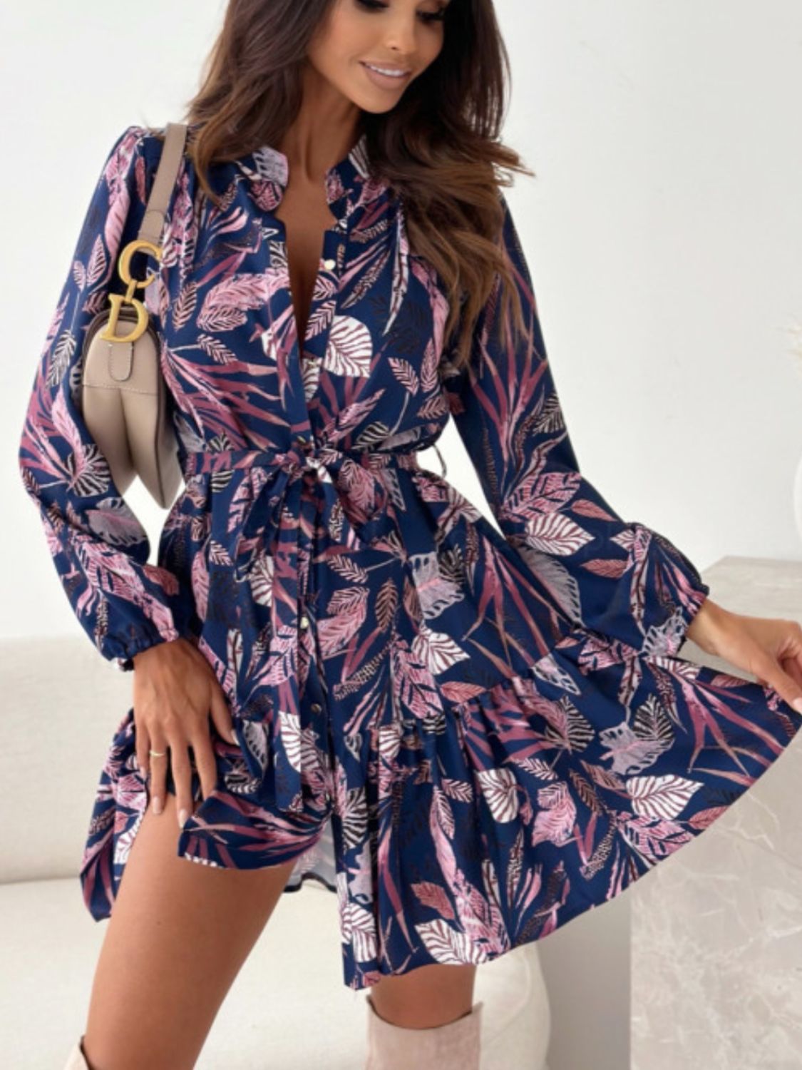 Elegant Floral Print Long Sleeve Ruffle Hem Maxi Dress for Women - Perfect for Beach Vacations, Resort Wear & Summer Parties