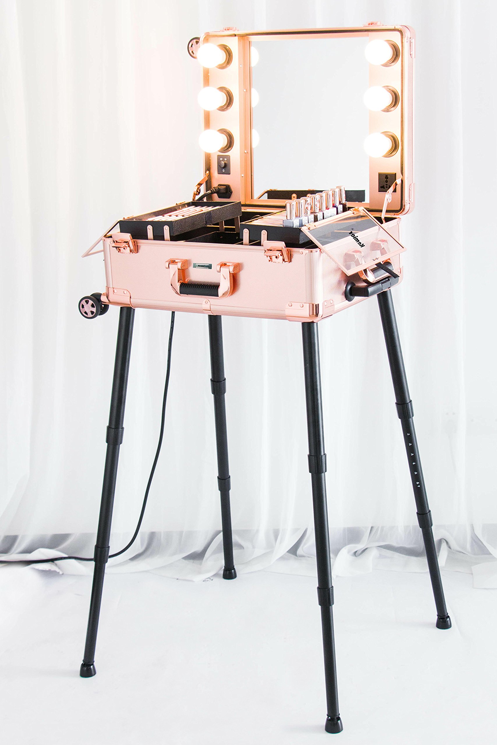 Kemier Professional Makeup Case with LED Lighted Mirror, Portable Cosmetic Organizer with 4 Wheels, Extendable Trays & Adjustable Legs - Rose Gold | Perfect for Home, Travel & Professional Makeup Artists