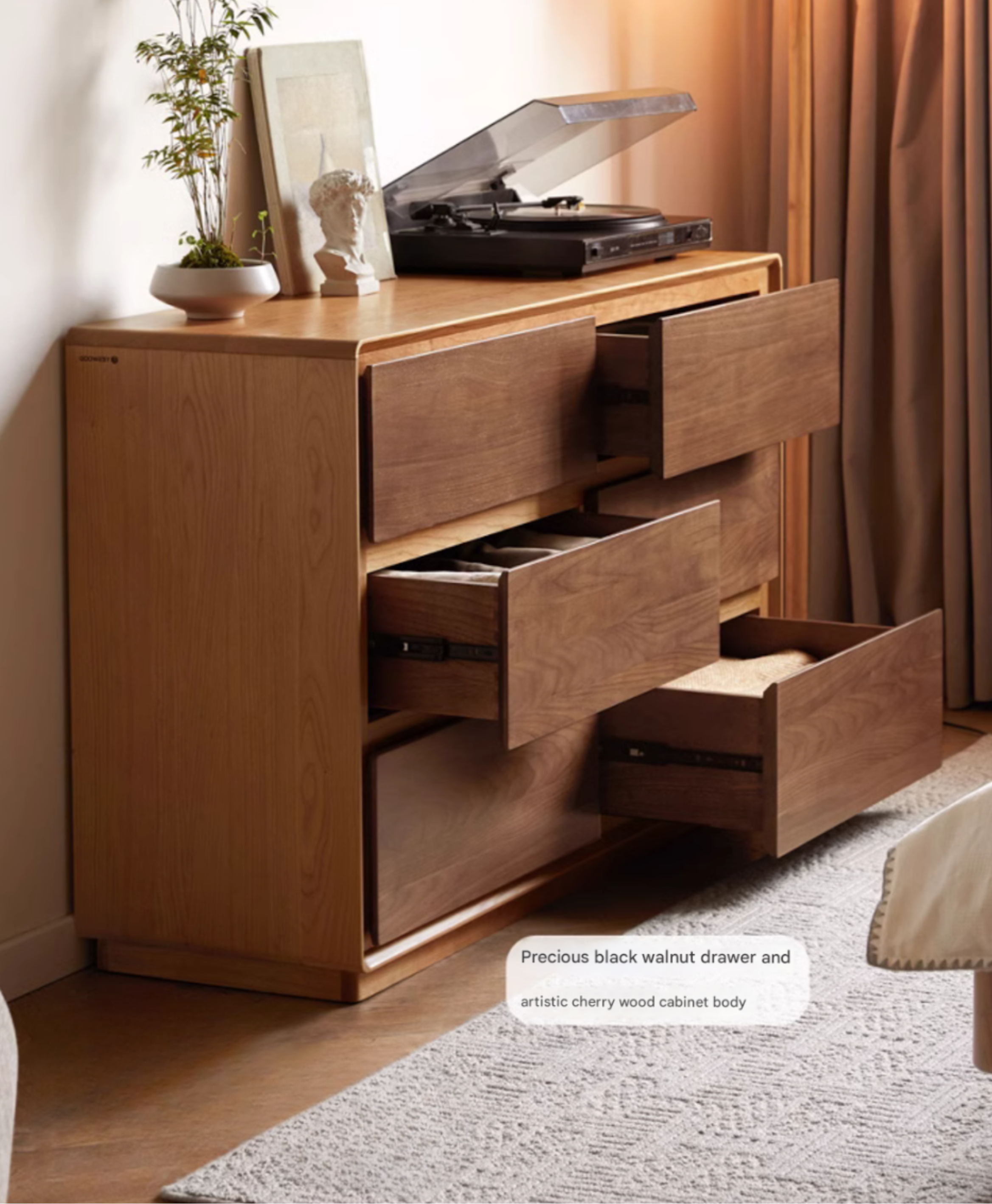 Premium Black Walnut & Cherry Solid Wood Modern Dresser Drawer Cabinet - Stylish Bedroom Storage for Clothes, Linens & Accessories