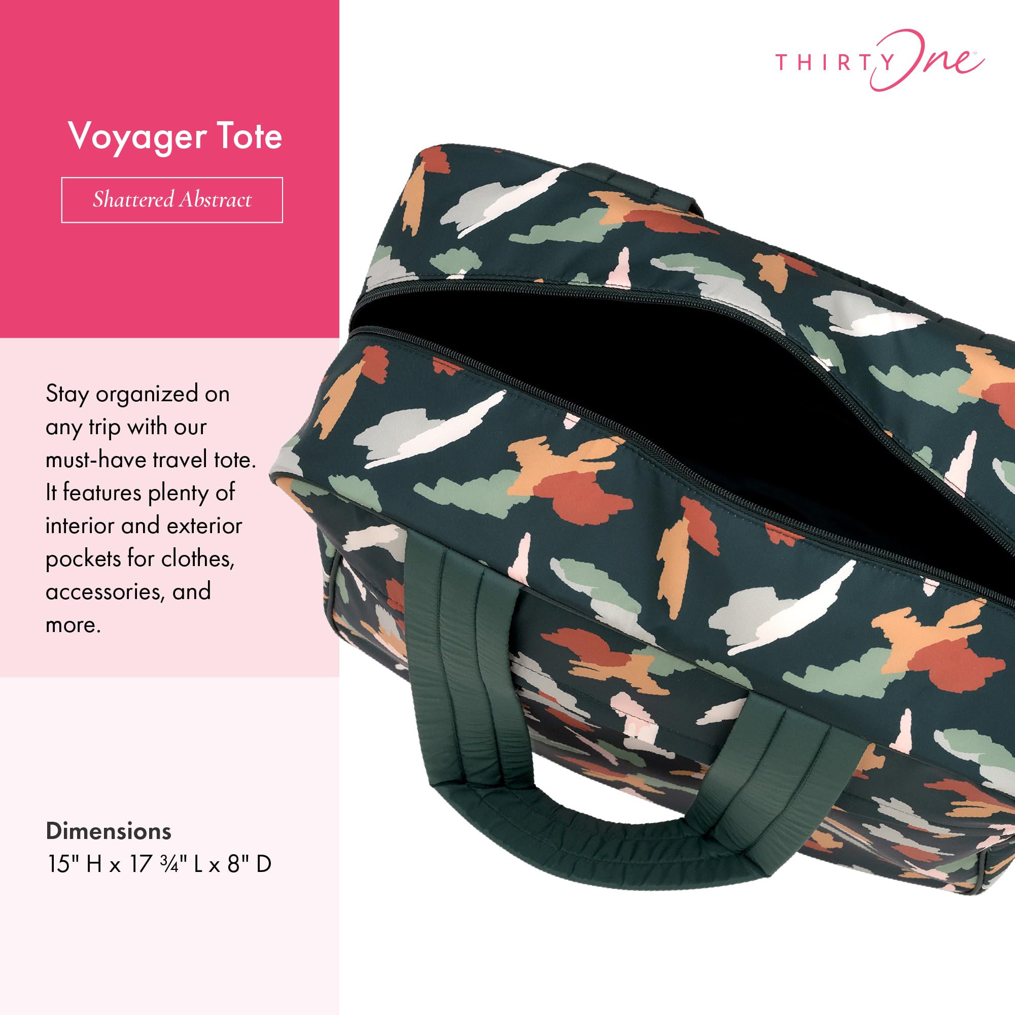 Thirty-One Gifts Voyager Travel Tote Bag - Multi-Pocket Organizer for Women, Work & Vacation - Durable Carryall with Handle & Adjustable Shoulder Strap - Shattered Abstract Print - Perfect for Business Trips, Gym & Weekend Getaways