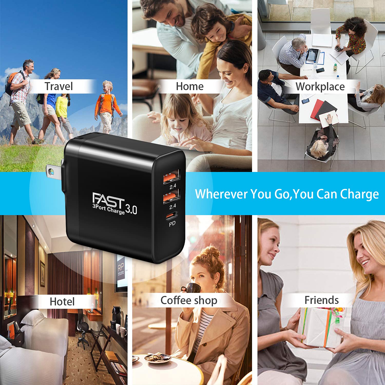 iSeekerKit 30W 3-Port USB C Fast Charger 2Pack with PD 3.0 & 5V/2.4A, Foldable Wall Charger Block for iPhone 14/13/Pro Max, Samsung Galaxy S23/S22, Pixel 7 - Perfect for Home, Office & Travel Charging Needs