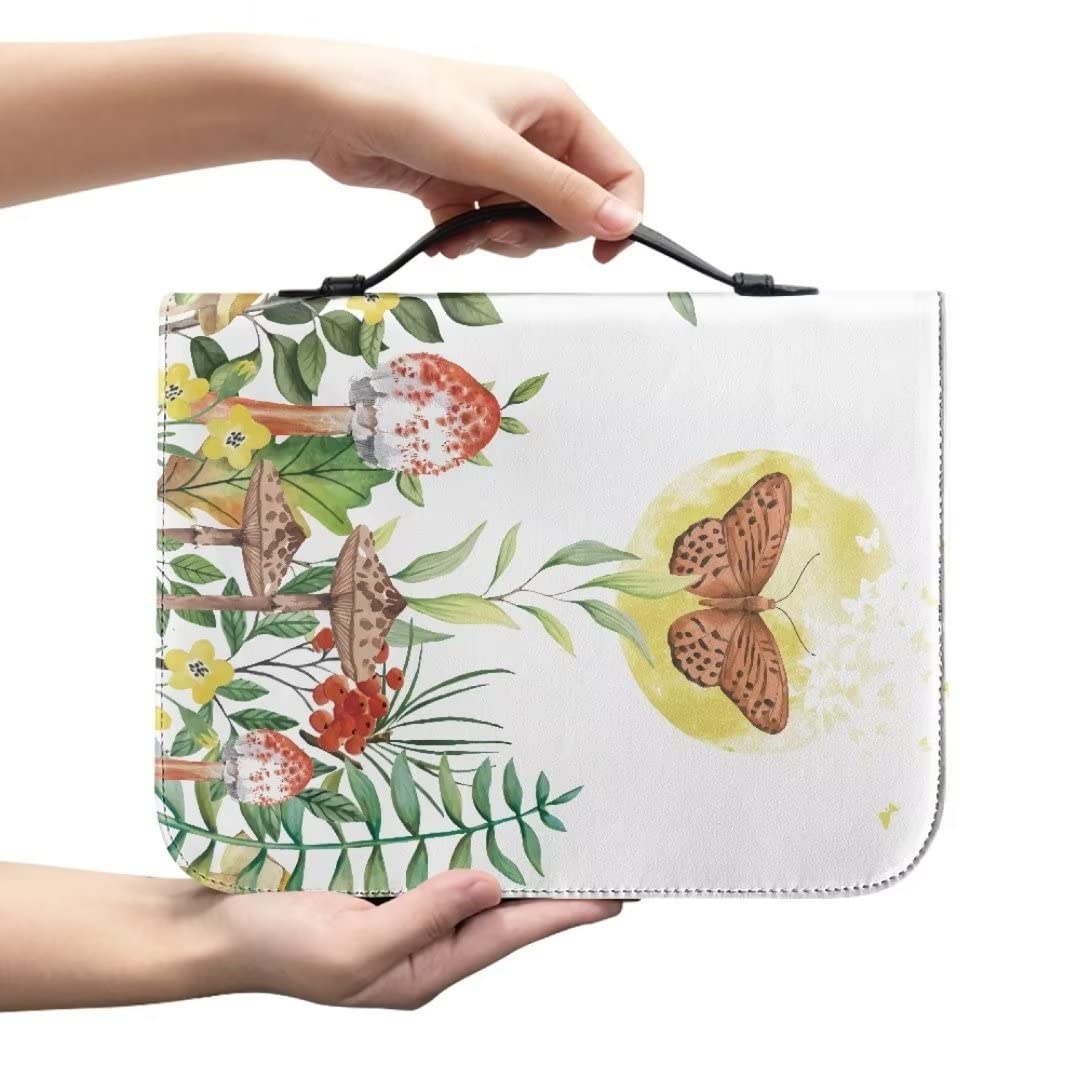 Floral Butterfly Mushroom Bible Cover for Women & Men - 11.2x8x2.2 Inch Leather Zippered Church Bag with Bookmark & Pocket - Perfect Gift for Bible Study, Church Services & Travel