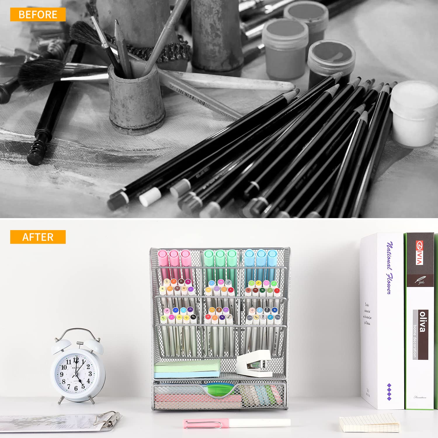 Spacrea 10-Compartment Desk Organizer with Drawer - Silver Pen & Pencil Holder for Office, School, Home - Perfect for Organizing Stationery, Art Supplies, and Small Office Accessories