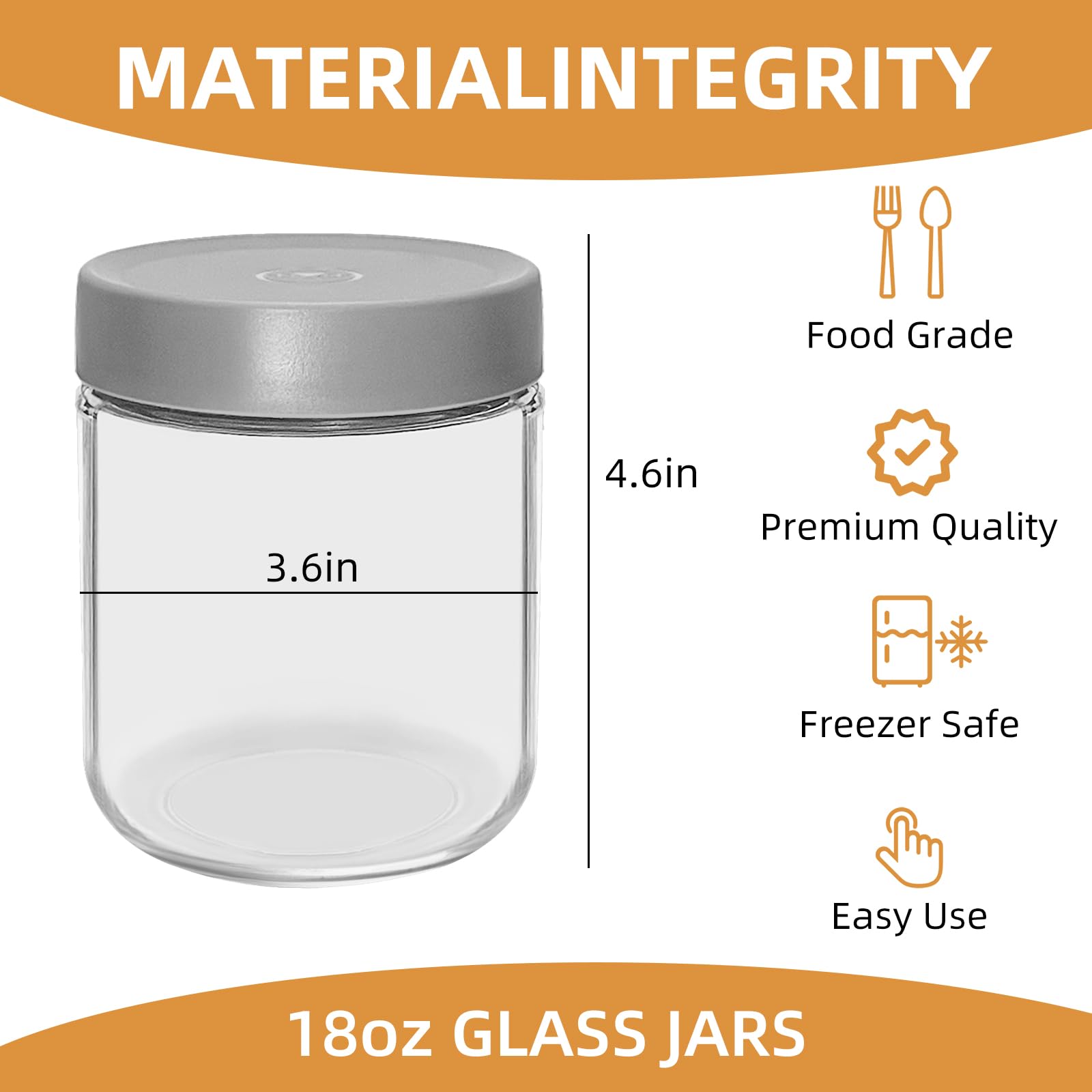 18 oz Glass Mason Jars Set of 2 - Airtight Overnight Oats Containers for Meal Prep, Yogurt, Seed Pudding & Food Storage | BPA-Free, Leakproof Grey Canning Jars (Perfect for Breakfast, Office Snacks & Kitchen Organization)