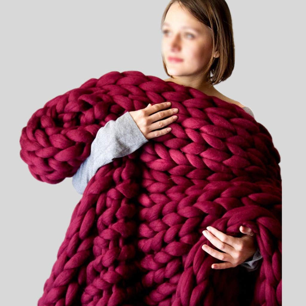 LICHUXIN Chunky Knit Blanket - Soft, Warm & Cozy Large Throw for Couch, Bed, Travel - Perfect for Pets, Babies & Holiday Gifts (100x120cm) - Red Wine Color Home Decor