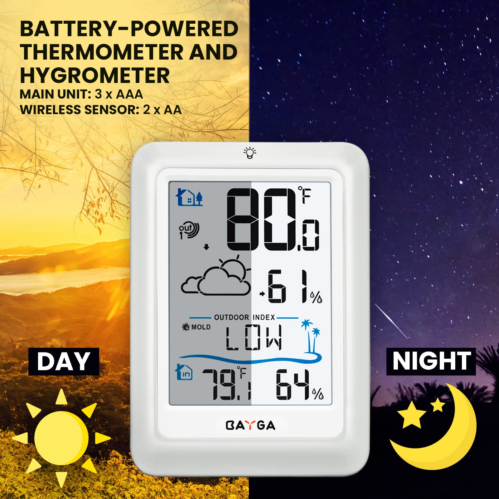 BAYGA Wireless Indoor Outdoor Thermometer - Digital Weather Station with 330ft Range Remote Sensor, Temperature & Humidity Monitor, Heat/Dew/Mold Index, 10s Backlight - Perfect for Home, Greenhouse, Baby Room & Weather Monitoring