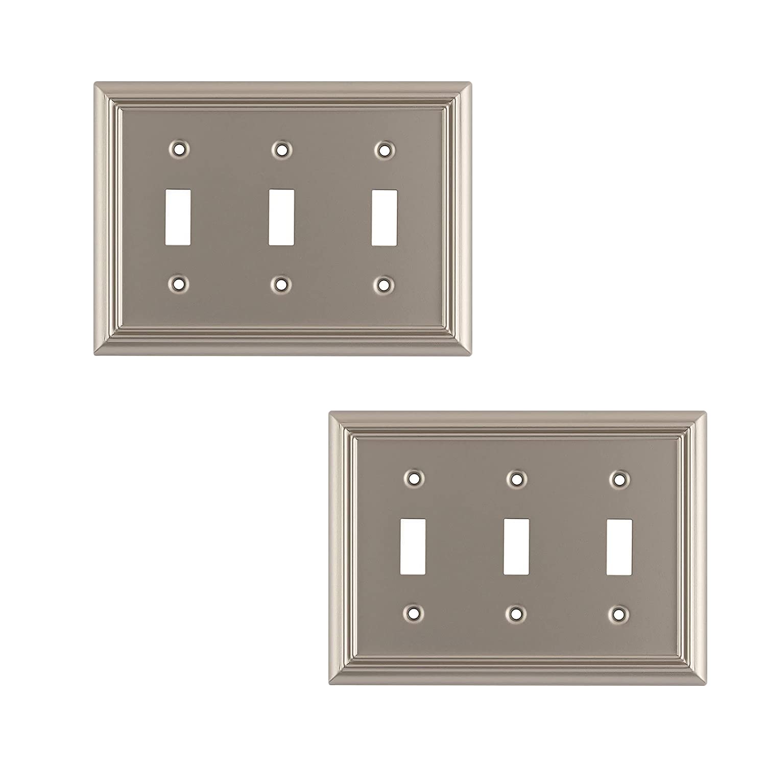 SLEEKLIGHTING Brushed Nickel Outlet Covers & Switch Plates - Decorative Wall Plate Light Switch Cover Beveled Edge - 3 Gang Toggle (2 Pack) - Variety of Styles: Decorator/Duplex/Toggle/Combo - Perfect for Home, Office & Commercial Renovation