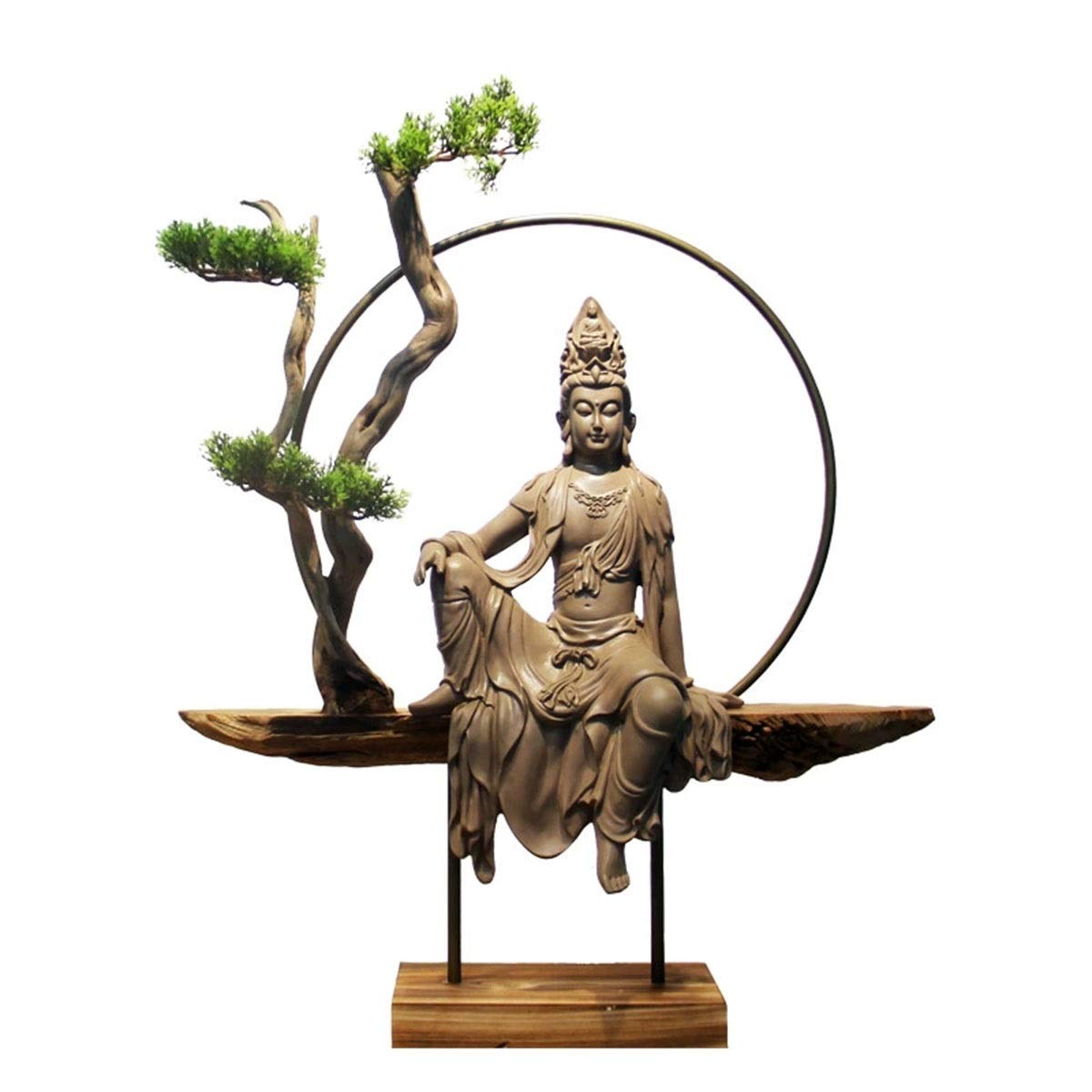 Luyiyi Guan Yin Sitting on Pine Base Resin Statue - Handcrafted Buddhist Statue for Home Altar, Meditation Room & Living Room Decor | Feng Shui Gift & Spiritual Decorations