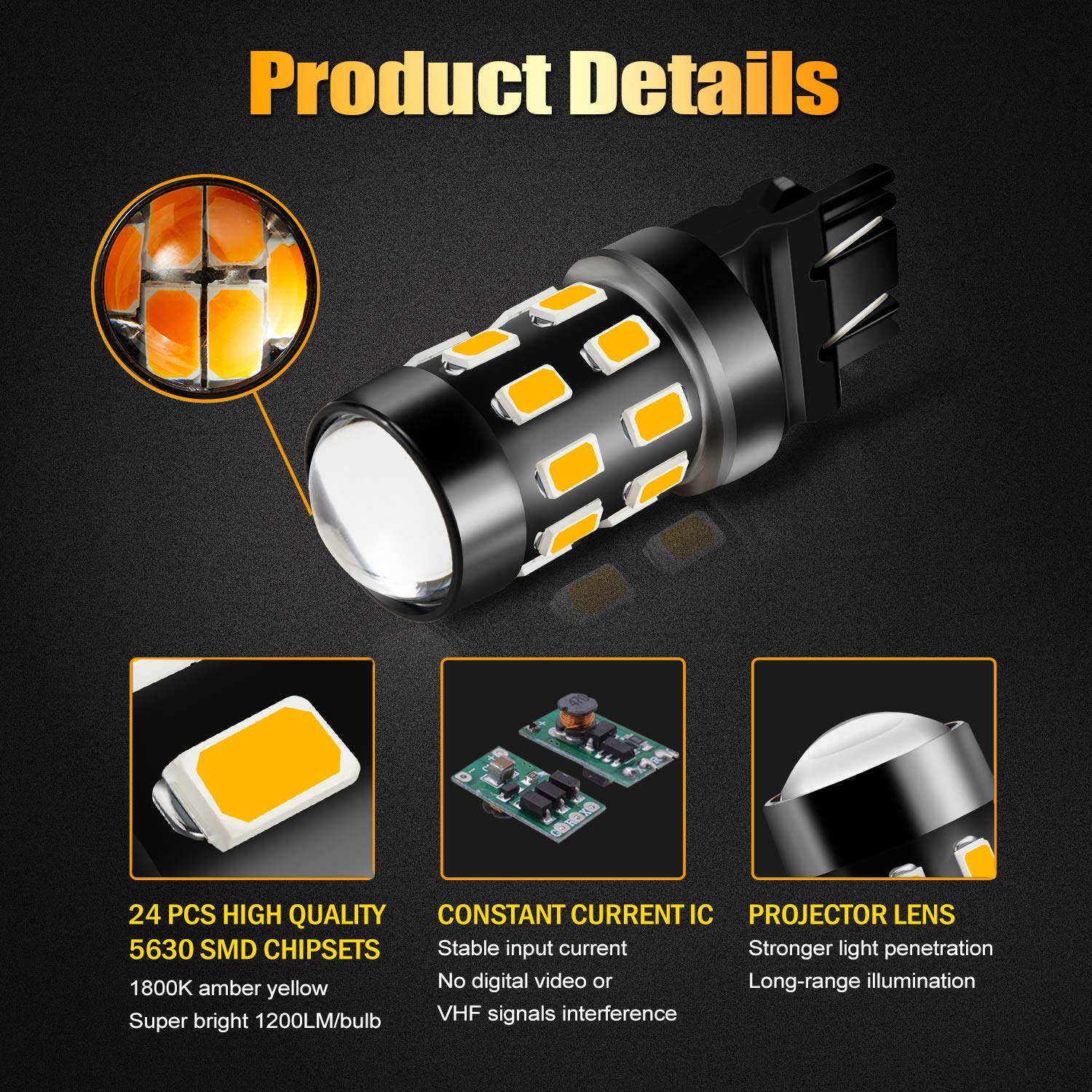 3157 LED Bulbs - Super Bright 24-SMD 9-30V Non-Polarity Amber Yellow Bulbs (Pack of 2) for Turn Signal, Blinker & Side Marker Lights - Compatible with 3056 3156 3057 4057 3157K 4157 - Perfect for Cars, Trucks & Motorcycles