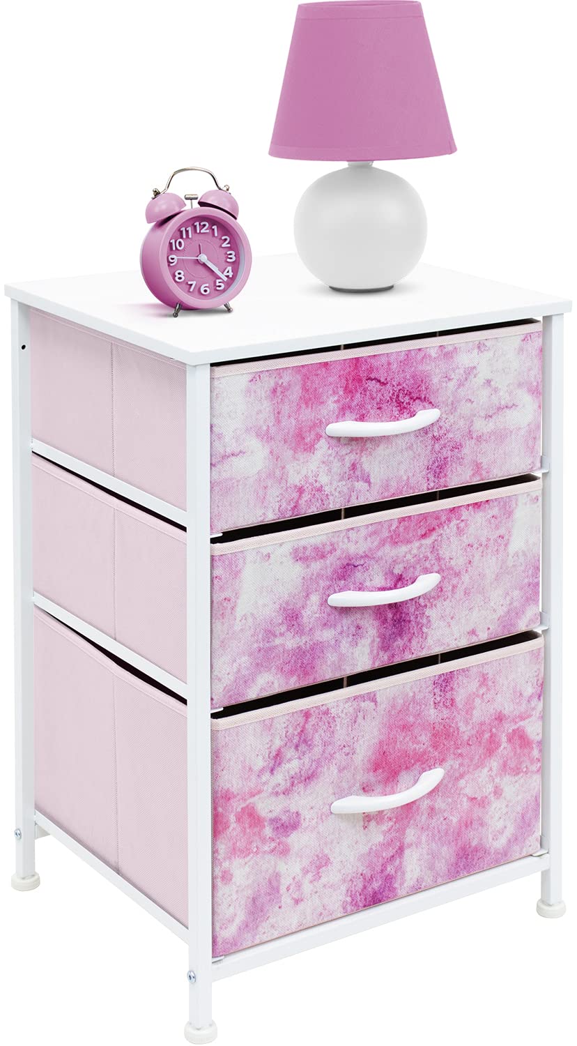 Sorbus 3-Drawer Nightstand Organizer for Kids - Wood Top & Steel Frame Storage Chest with Tie-Dye Fabric Bins | Bedroom Furniture for Clothes & Closet Organization (Pink) | Perfect for Boys & Girls Rooms, Dorm Storage, and Small Space Organization