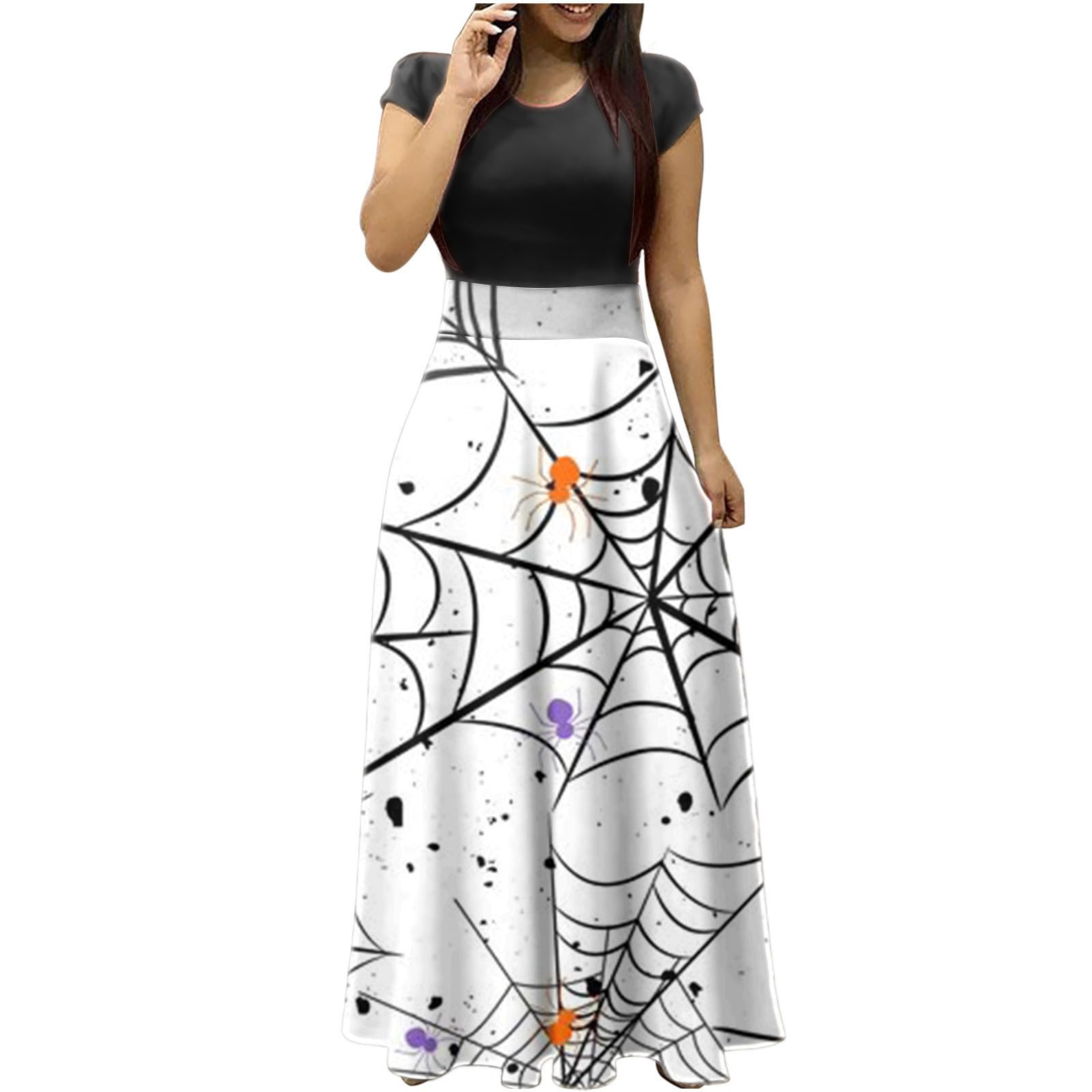 Yihaojia Women's Halloween Print Maxi Dress - Short Sleeve Plus Size Loose Fit Casual Sundress for Beach, Party & Everyday Wear | Amazon Prime Deals & Warehouse Discounts