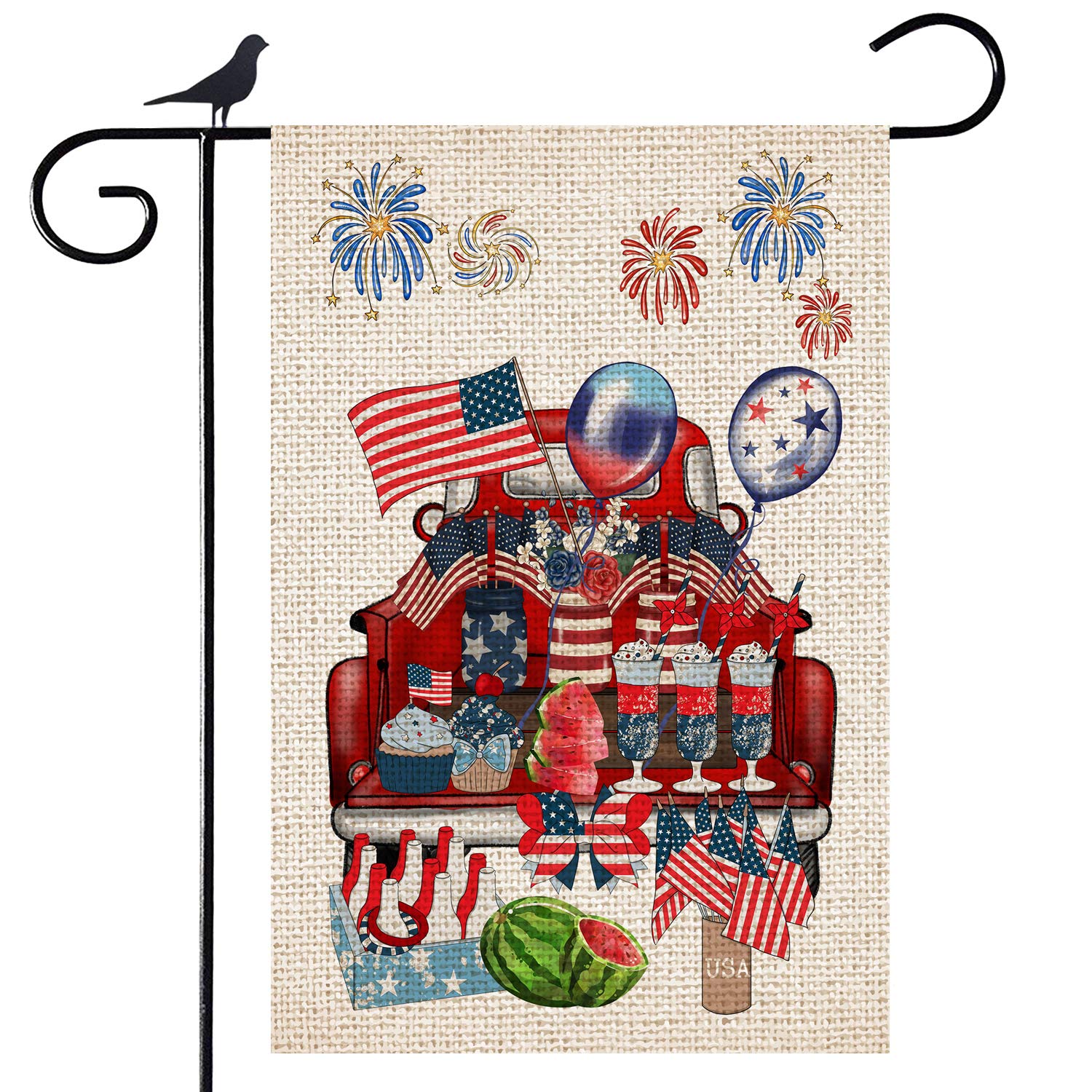 Premium Double-Sided Burlap Garden Flag - American Red Truck Patriotic Design for Memorial Day & 4th of July | 12x18 Inch Outdoor Decorative Flag for Home, Garden, Yard, Lawn | Perfect for Seasonal Celebrations & US-Themed Decor