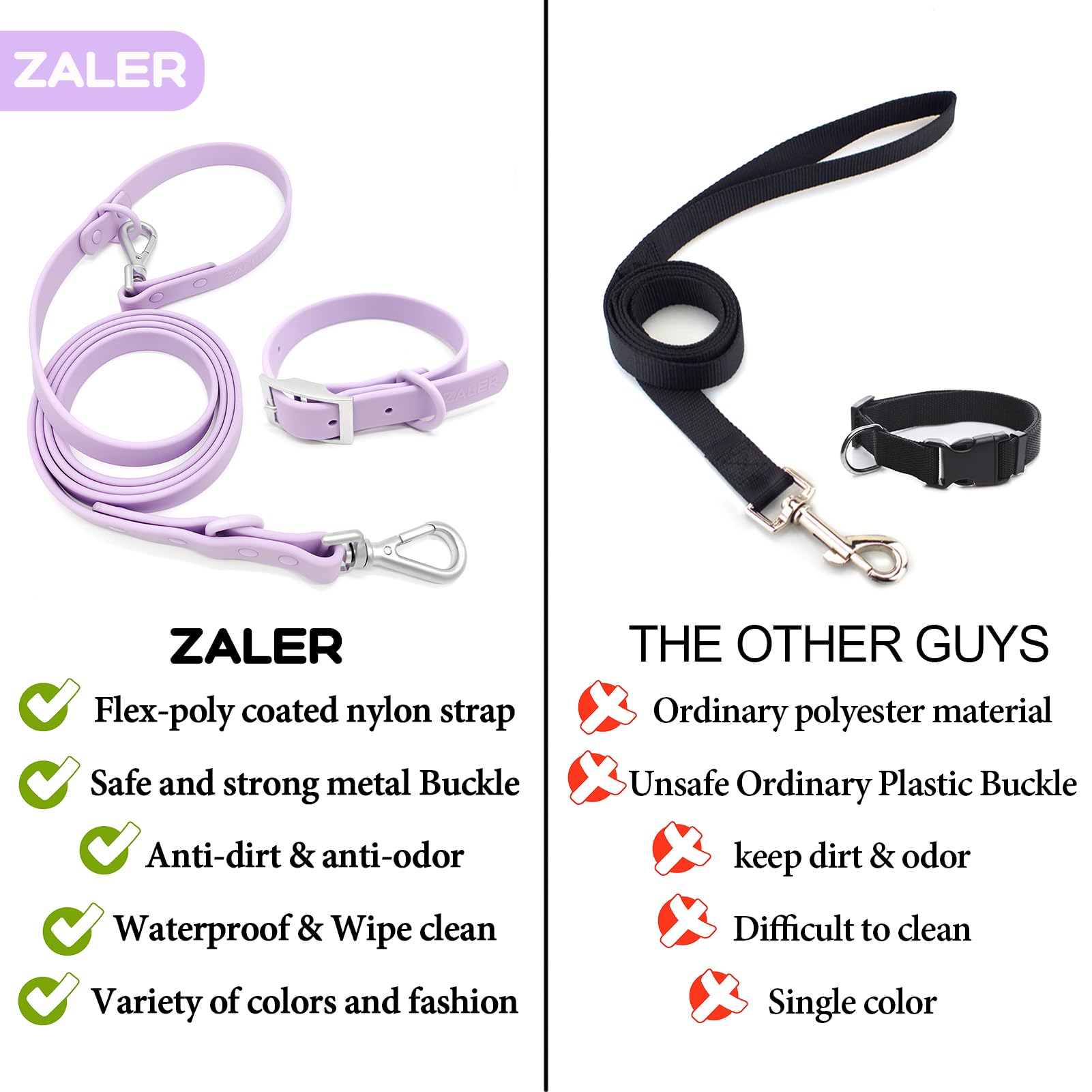 Waterproof Adjustable Odor-Proof Dog Collar and Leash Set - Easy to Clean 6FT Pet Leash with 2 Hooks for Small Medium Large Dogs (Purple, Size L) | Perfect for Walking, Training & Outdoor Adventures