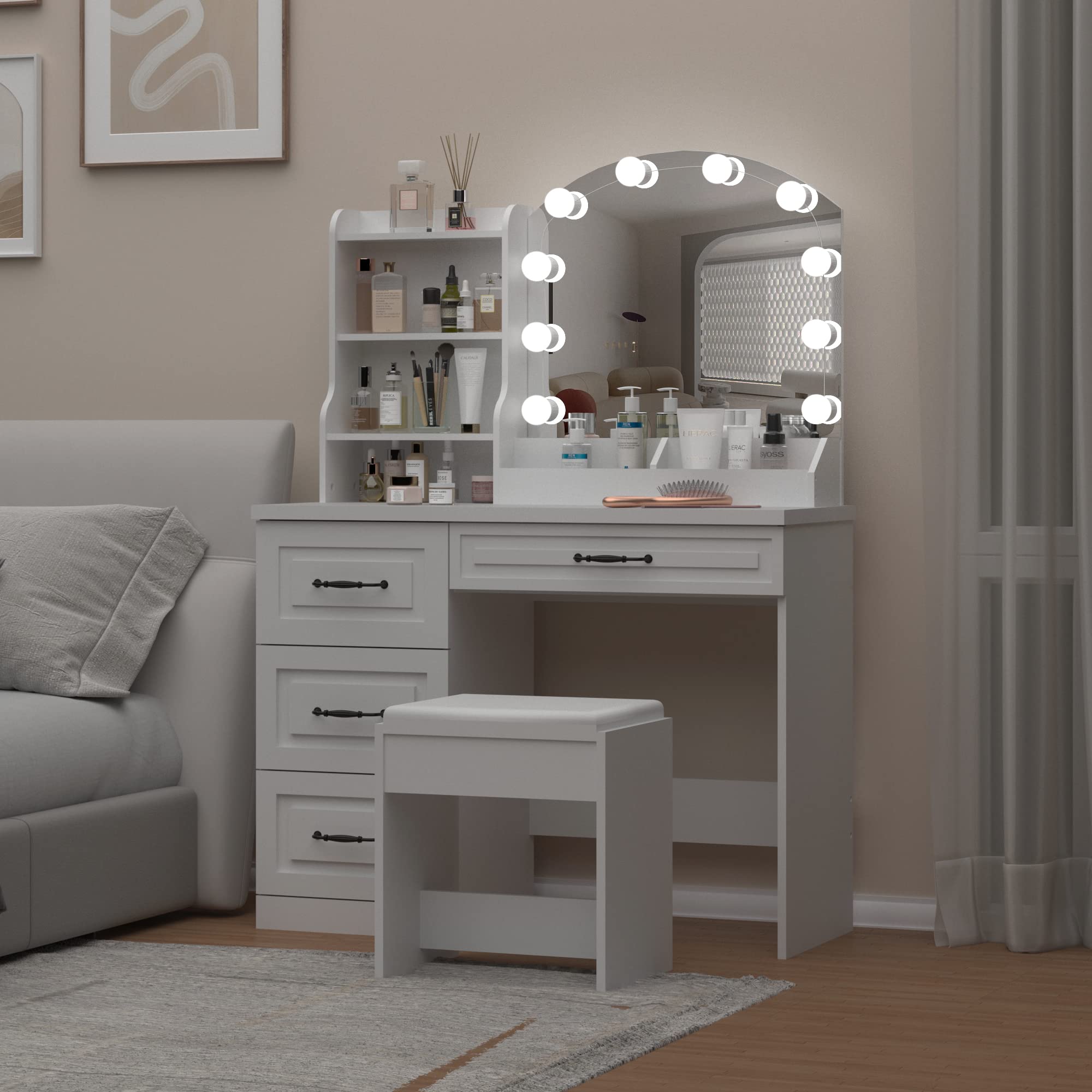 Vabches Makeup Vanity Desk with LED Lights & 4 Drawers - White Dressing Table with Large Storage (39.4 Inch), 3 Color Lighting Modes - Perfect for Bedroom, Dressing Room & Beauty Salon
