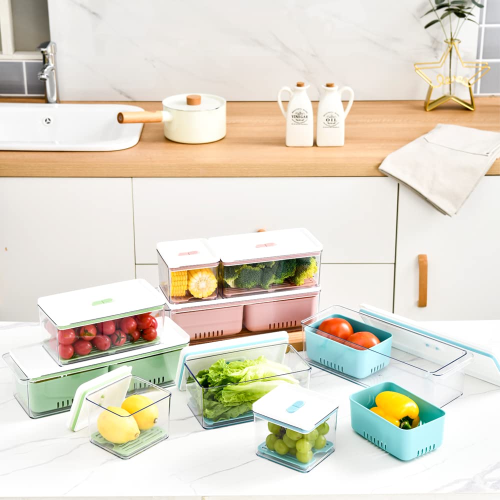 Stackable Refrigerator Organizer Bins with Removable Drain Tray - 6-Piece BPA-Free Food Storage Containers for Fruits, Vegetables & Pantry Organization - Perfect for Kitchen, Fridge & Cabinet Storage (Blue)