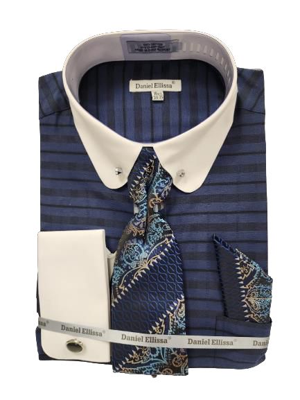 DANIEL ELLISSA Men's Navy Round Collar & Cuff Dress Shirt with Collar Bar DS3830P2 - Perfect for Business Meetings, Weddings & Formal Events