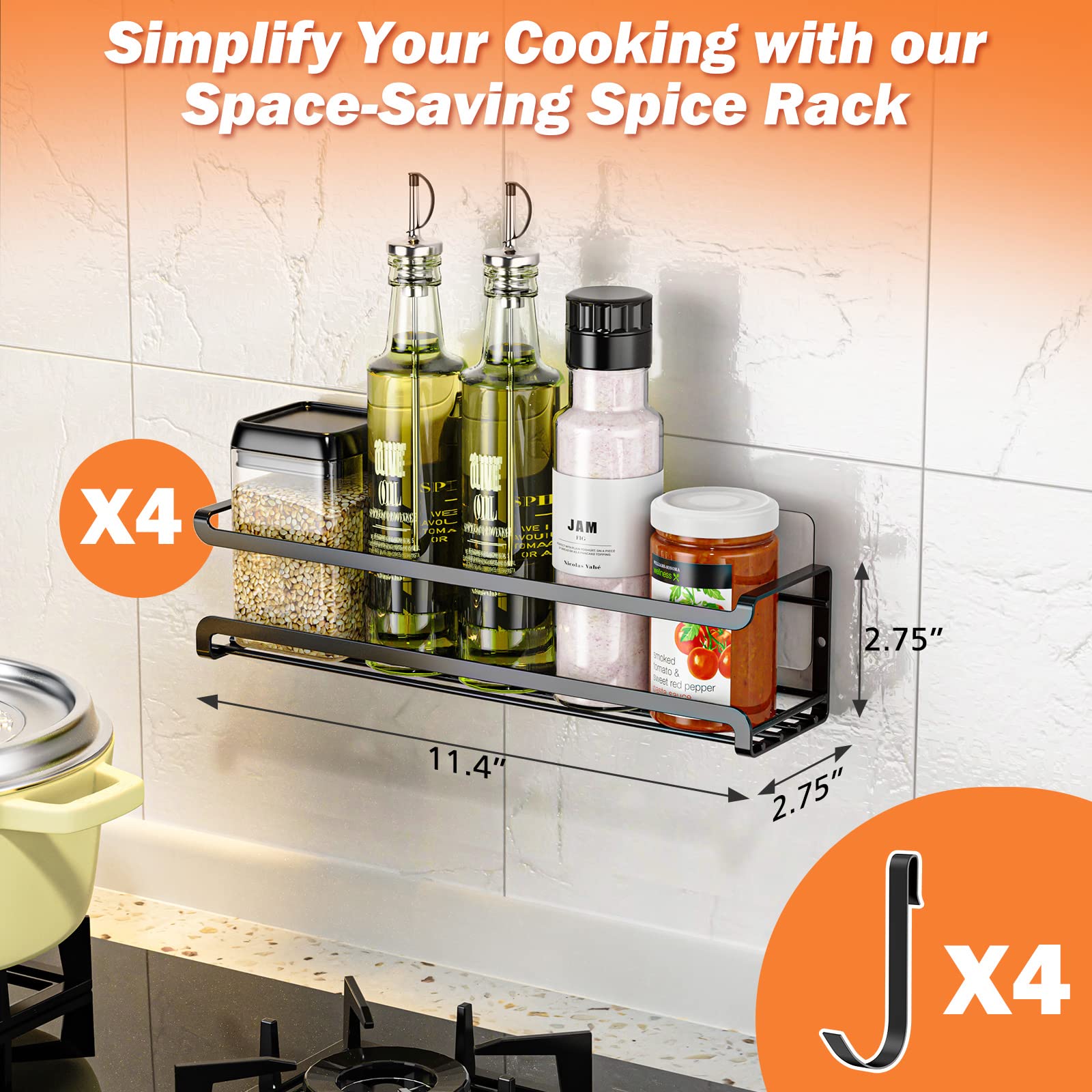 4-Pack Wall Mounted Spice Rack Organizer - Space Saving Kitchen Cabinet & Pantry Door Storage for Spice Jars & Seasonings (Screw or Adhesive Mount) - Perfect for Small Kitchens & Organized Cooking Spaces
