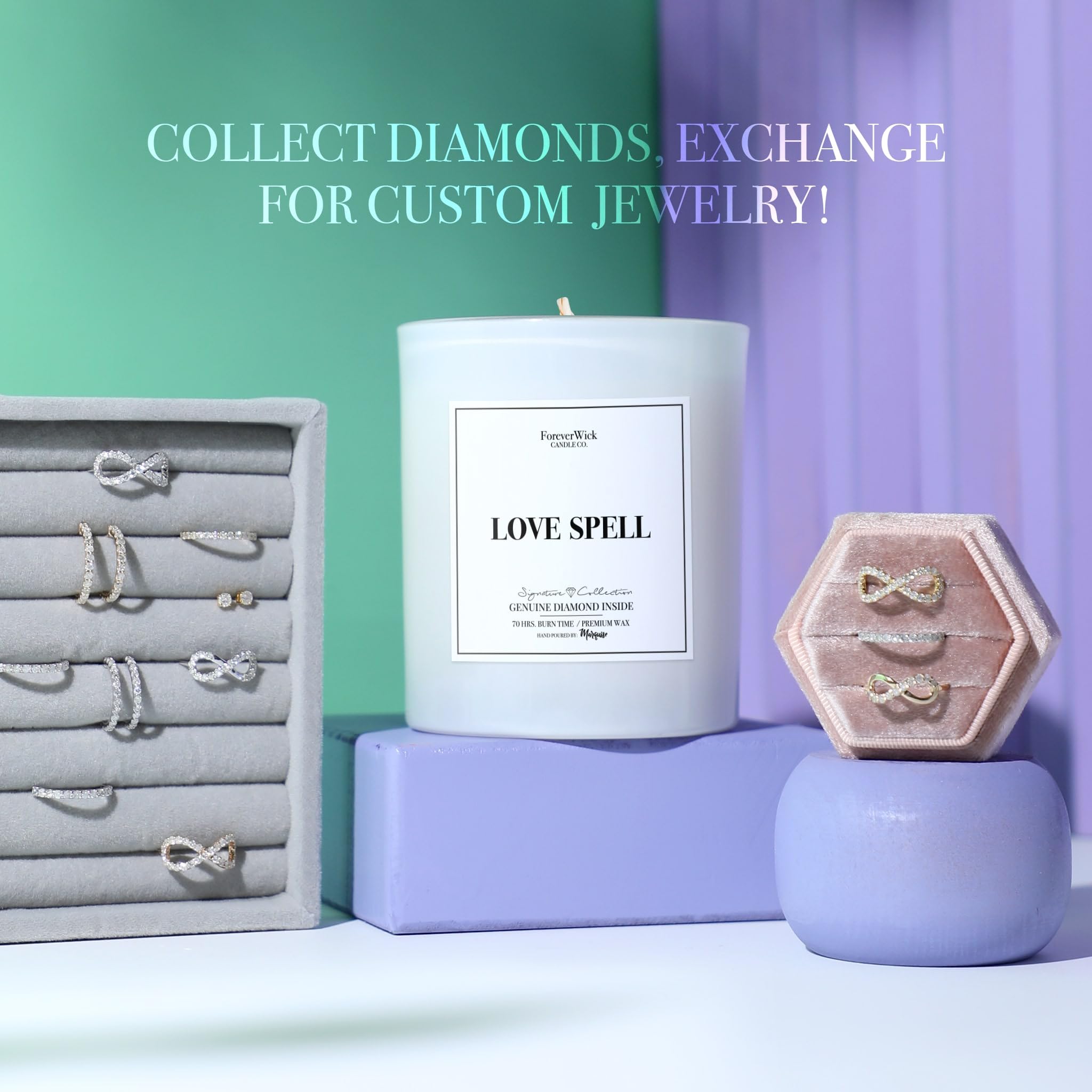 Love Spell Surprise Candle with Real Diamond Inside - Foreverwick Scented Soy Candle Gift for Women - 14oz All-Natural Organic Romantic Candle (70h Burn Time) - Perfect for Anniversaries, Valentine's Day & Romantic Surprises